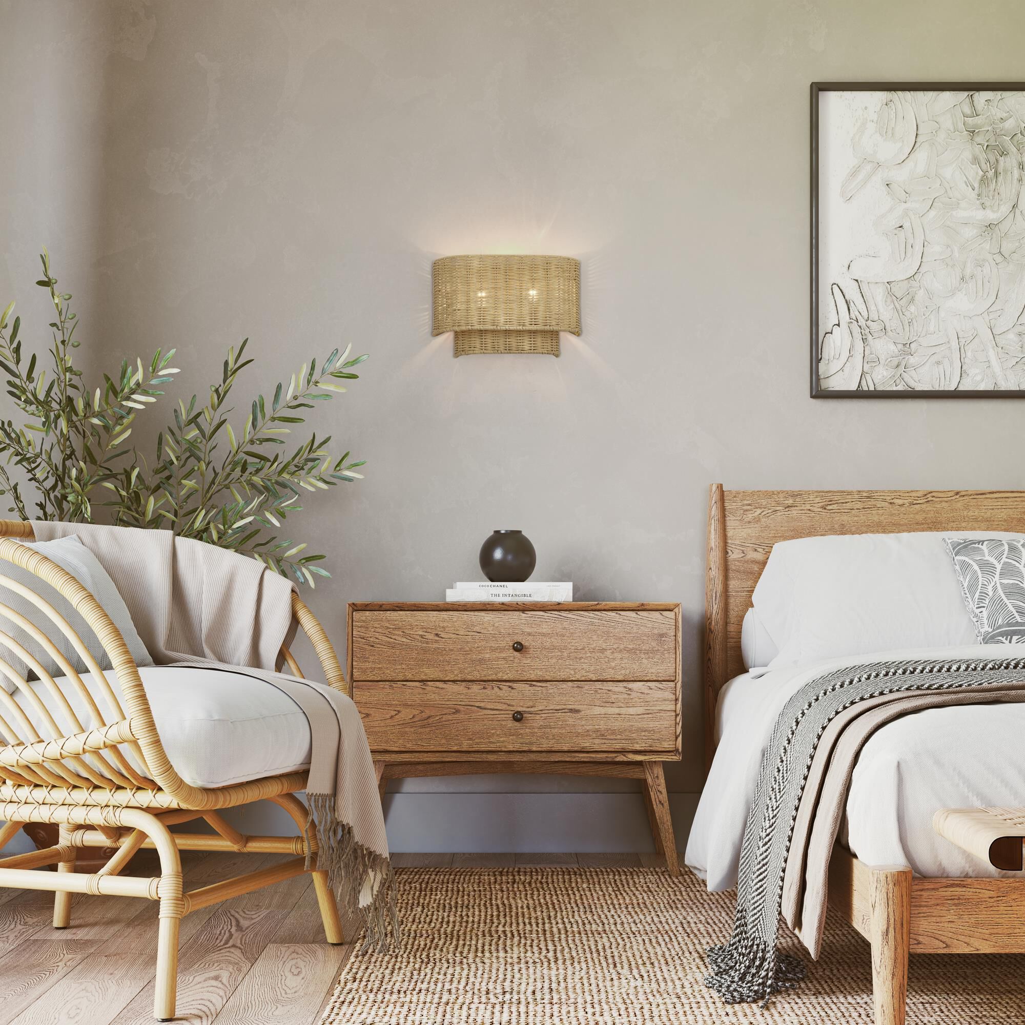 Shown in Antique Gold Leaf finish and Hand-Woven Rustic Walnut Color Rattan shade