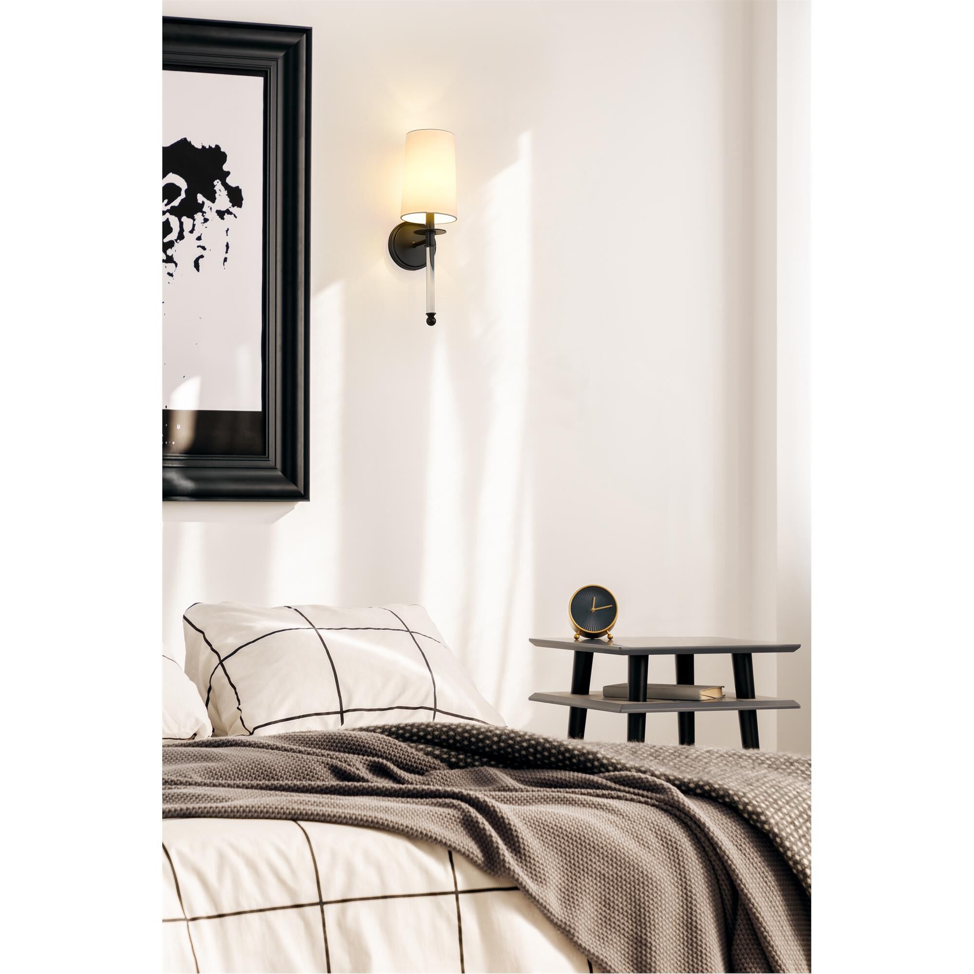 Shown in Matte Black finish and Fabric glass and Fabric shade