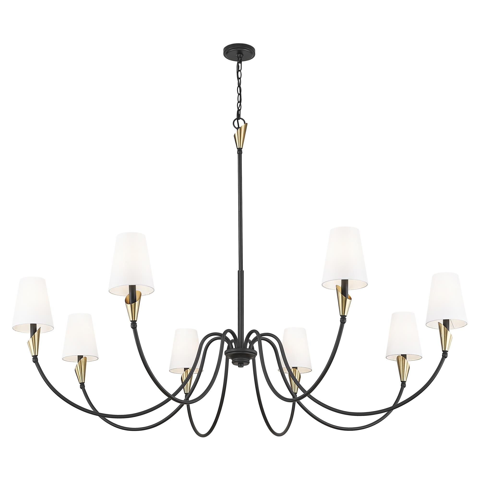 Shown in Matte Black And Modern Gold finish and White glass and White shade