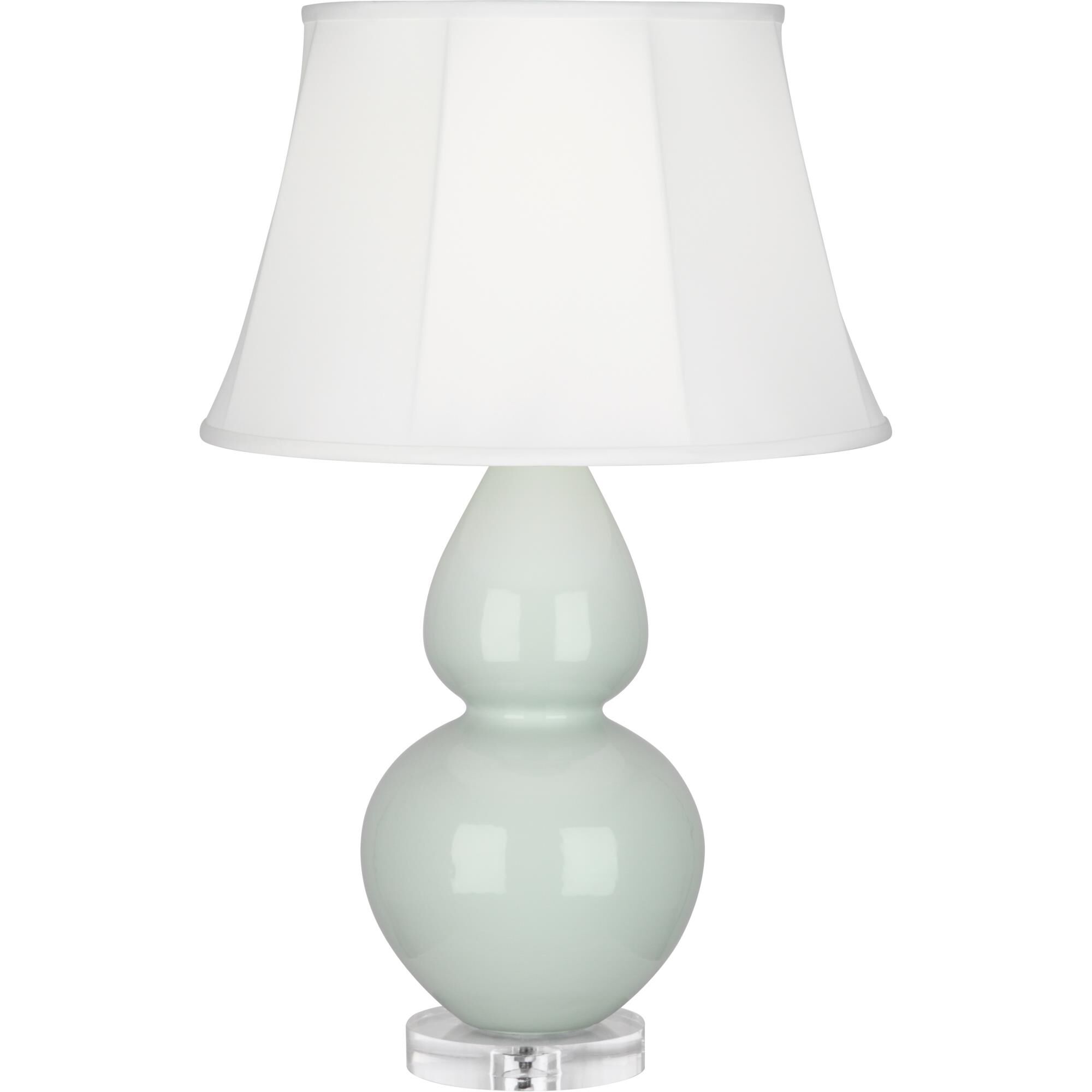 Shown in Celadon Glazed Ceramic With Lucite Base finish and Ivory Stretched Fabric shade
