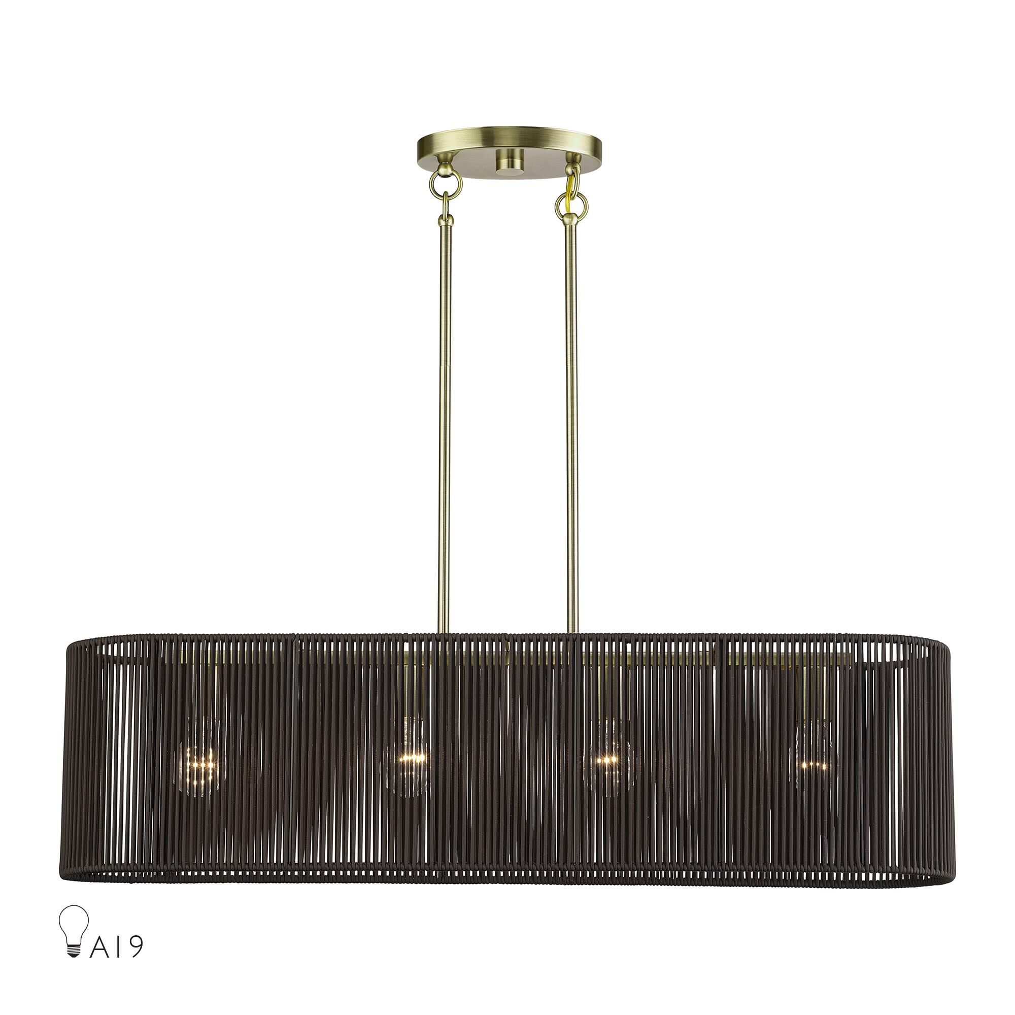 Shown in Antique Brass finish and Hand-Woven Dark Chocolate Color Polyester Rope shade