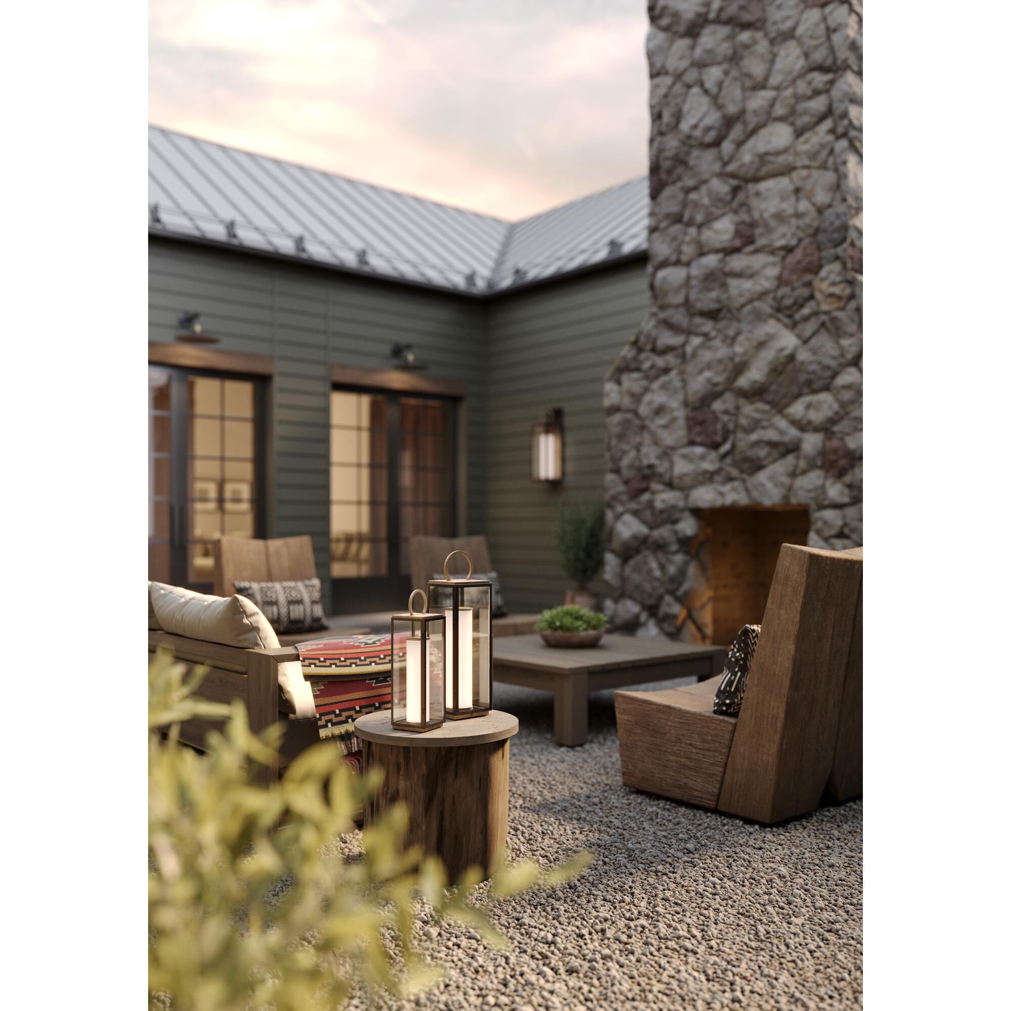 Shown in Patina Brass and Textured Black finish and Clear glass