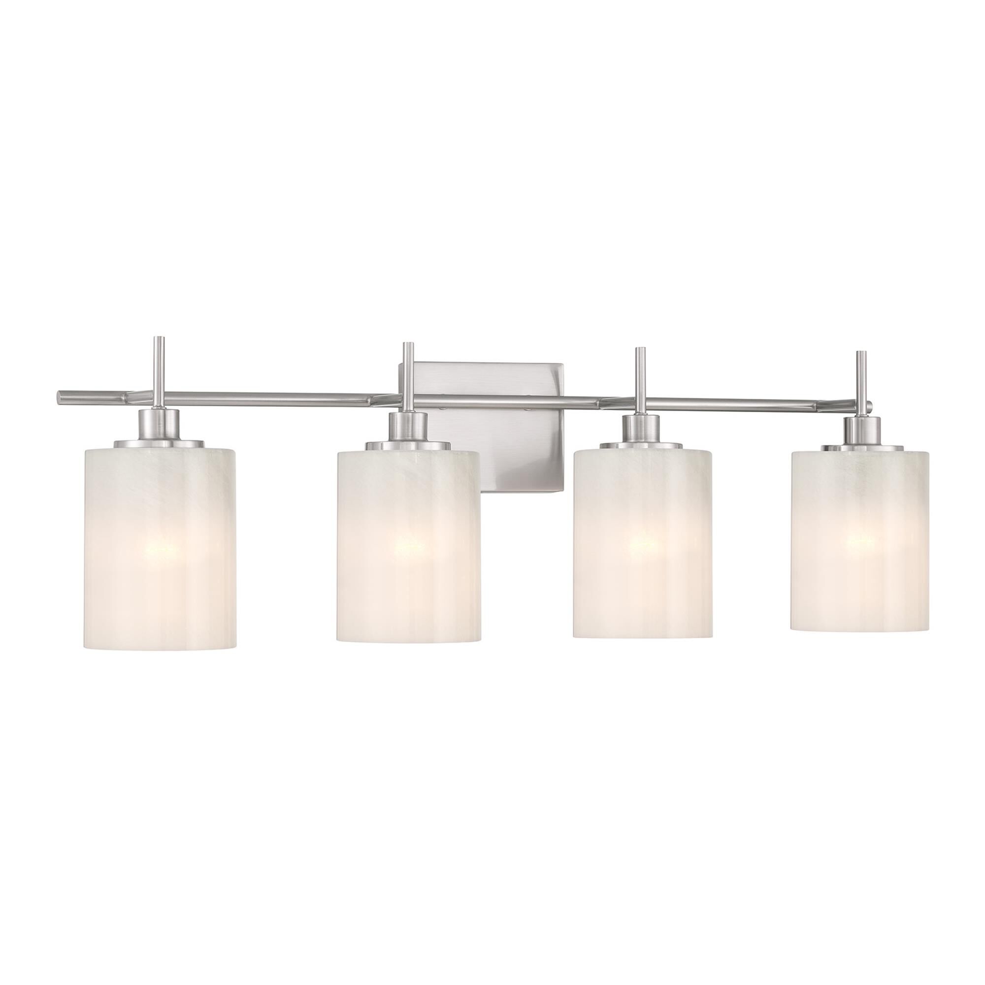 Shown in Brushed Nickel finish and White Strie glass