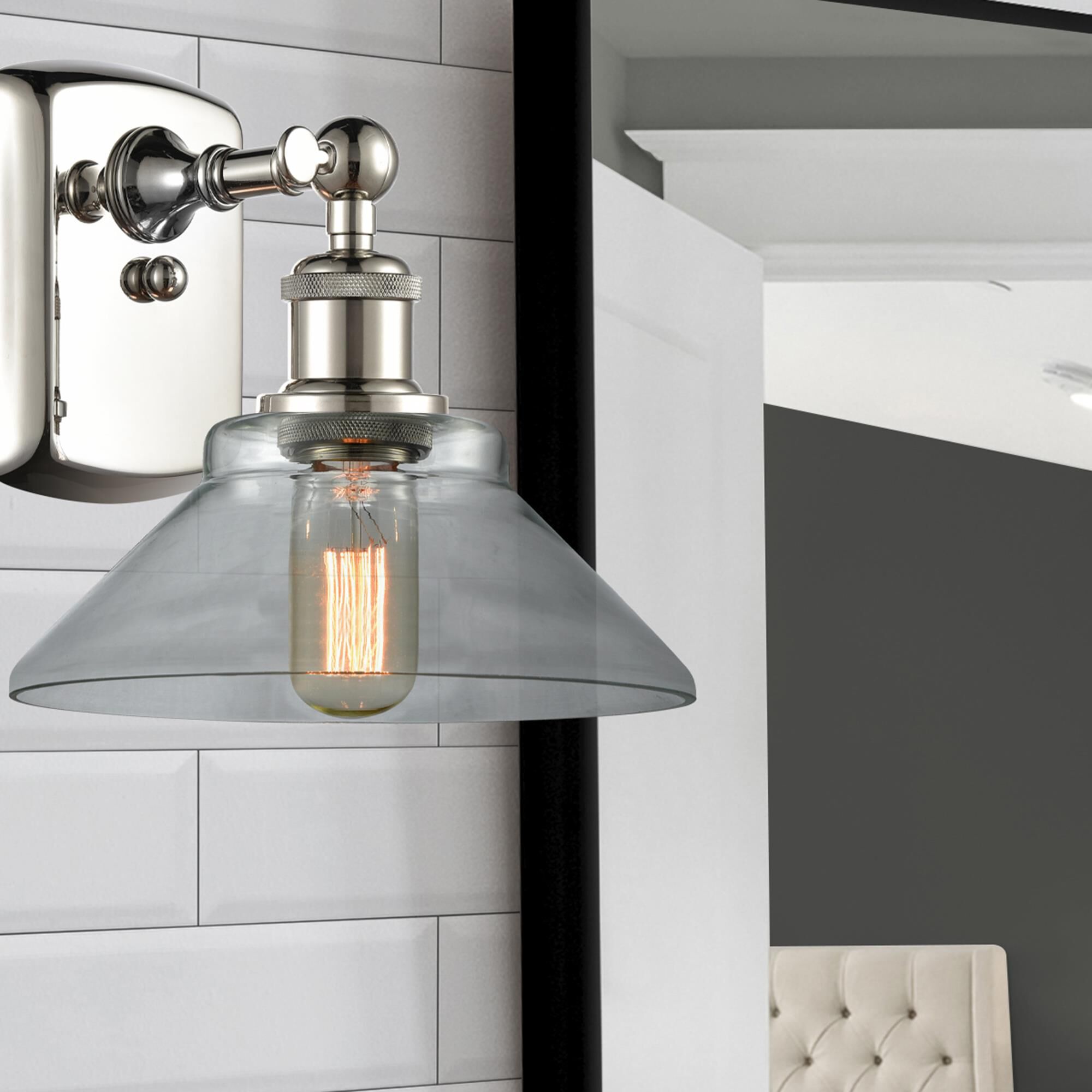 Shown in Polished Nickel finish and Disc glass and Glass shade