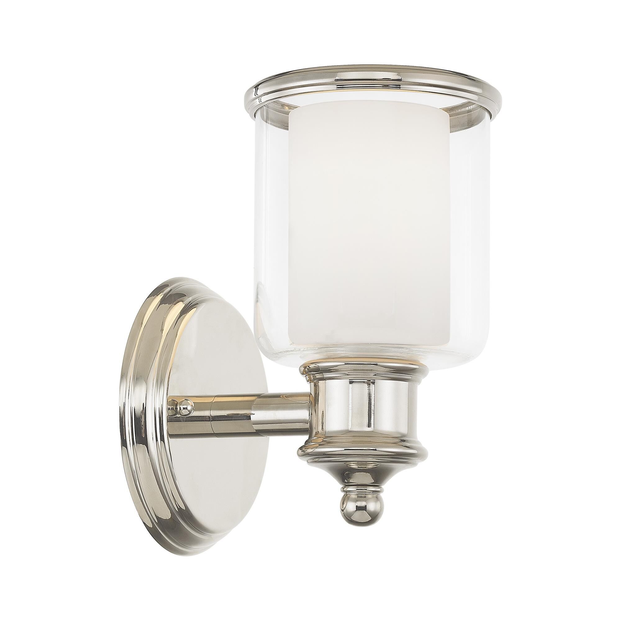 Shown in Polished Nickel finish and Hand Blown Outside Clear & Inside Satin Opal White glass