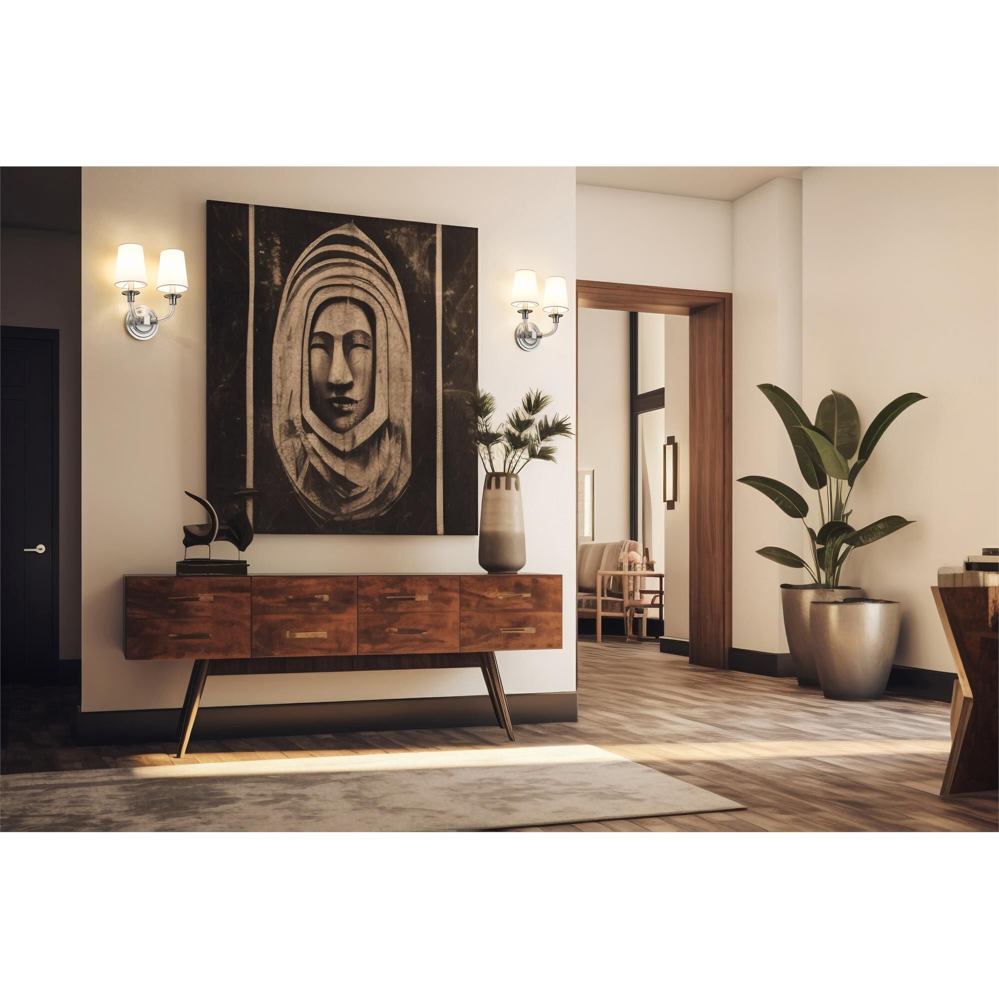 Shown in Brushed Nickel finish and White glass and White shade