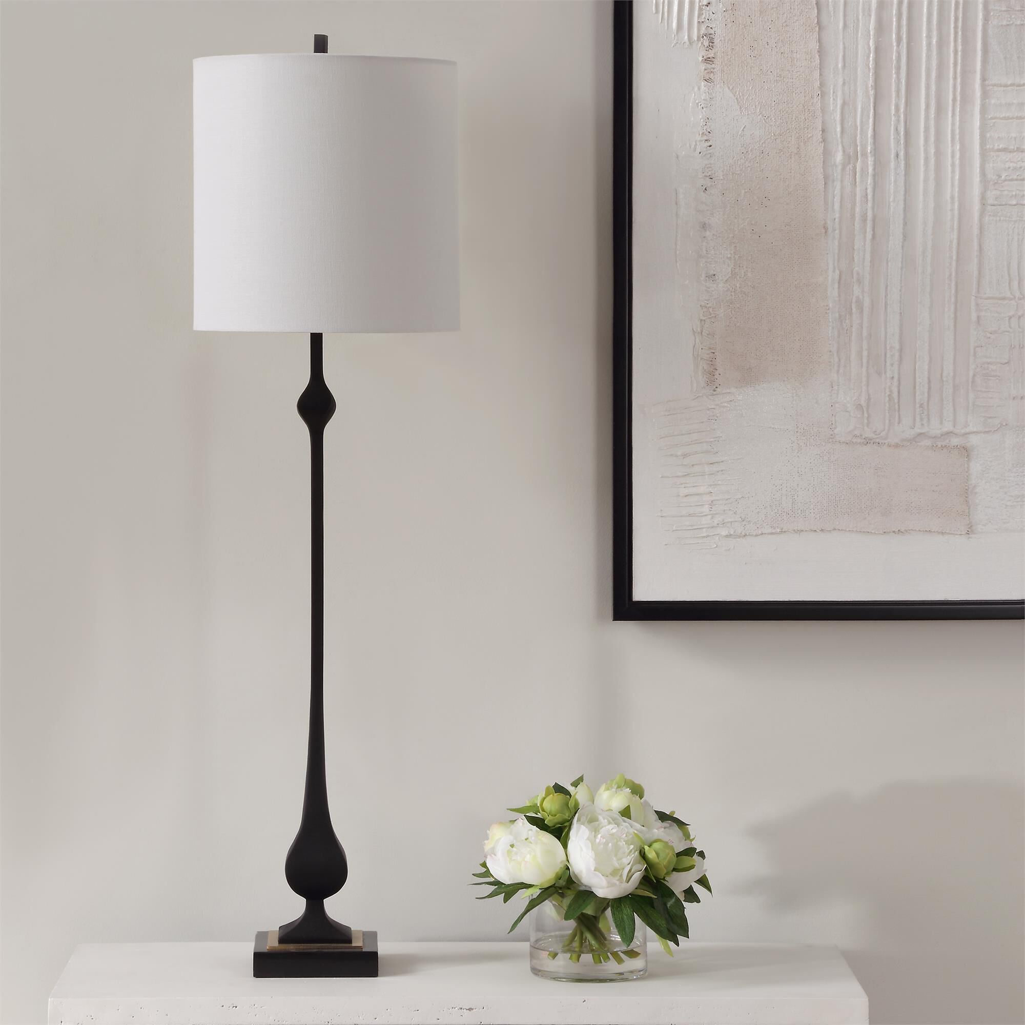 Shown in This Updated Traditional Buffet Lamp Is Finished In Satin Black With A Luxurious Velvet-Like Texture finish and Round Drum Hardback shade