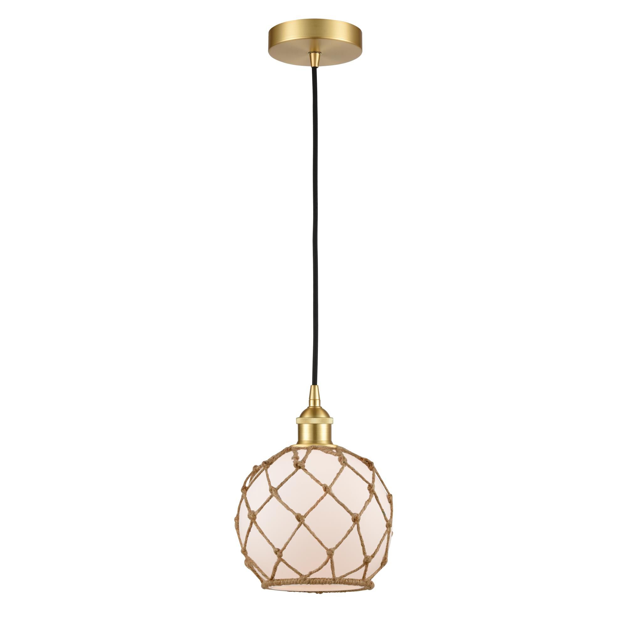 Shown in Satin Gold finish and White Farmhouse With Brown Rope glass