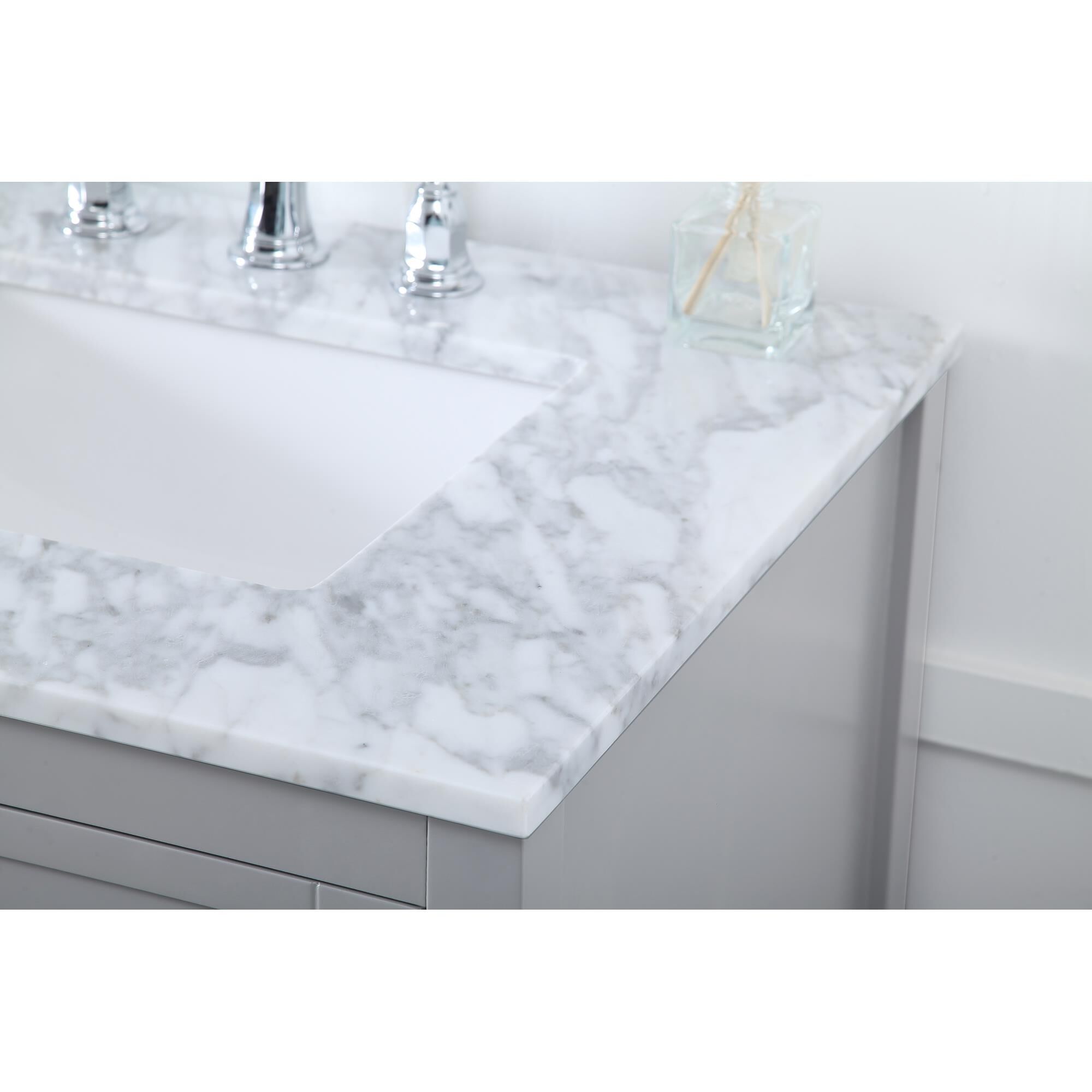 Shown in Gray And Brushed Nickel With Carrara White Marble finish