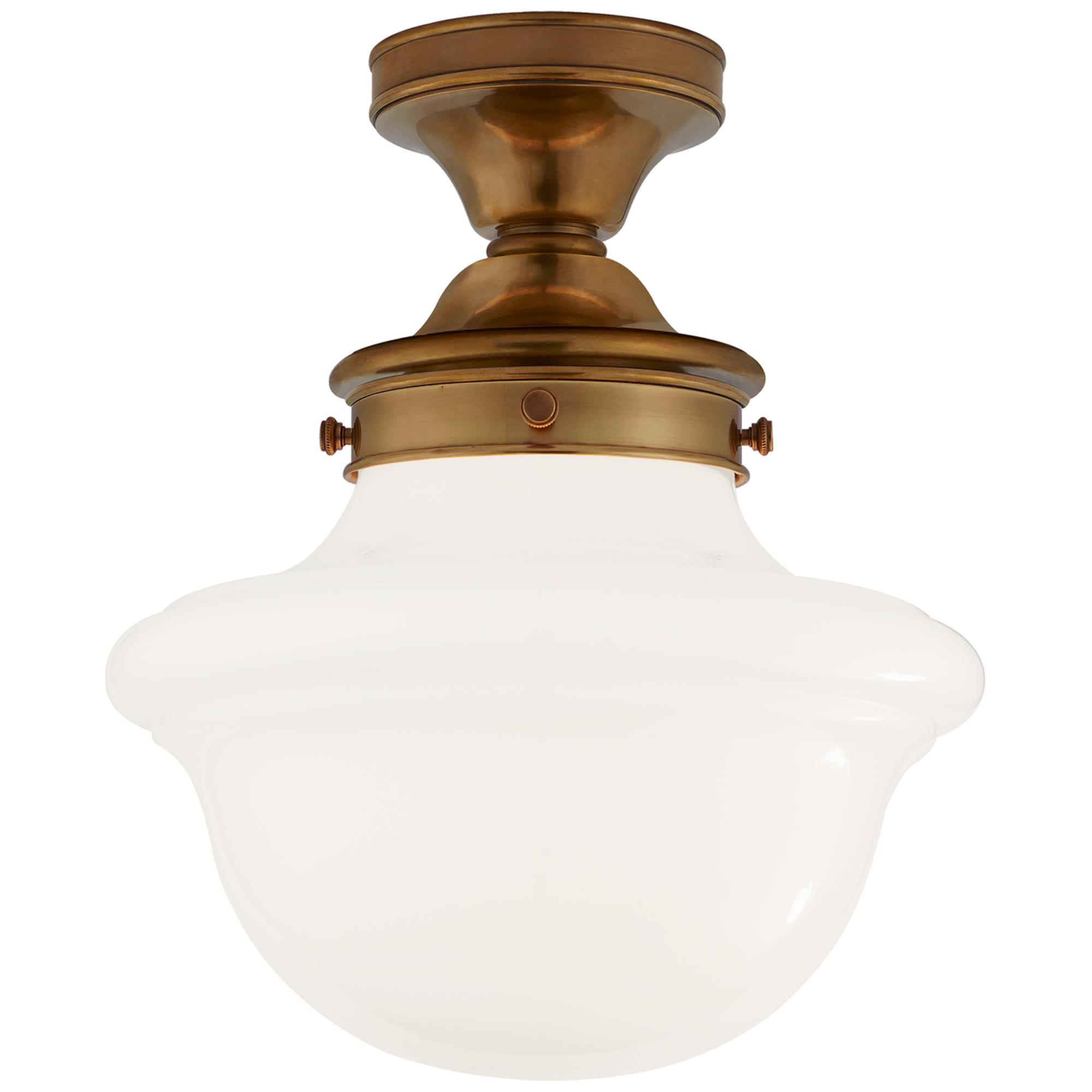 Shown in Hand-Rubbed Antique Brass finish and White glass
