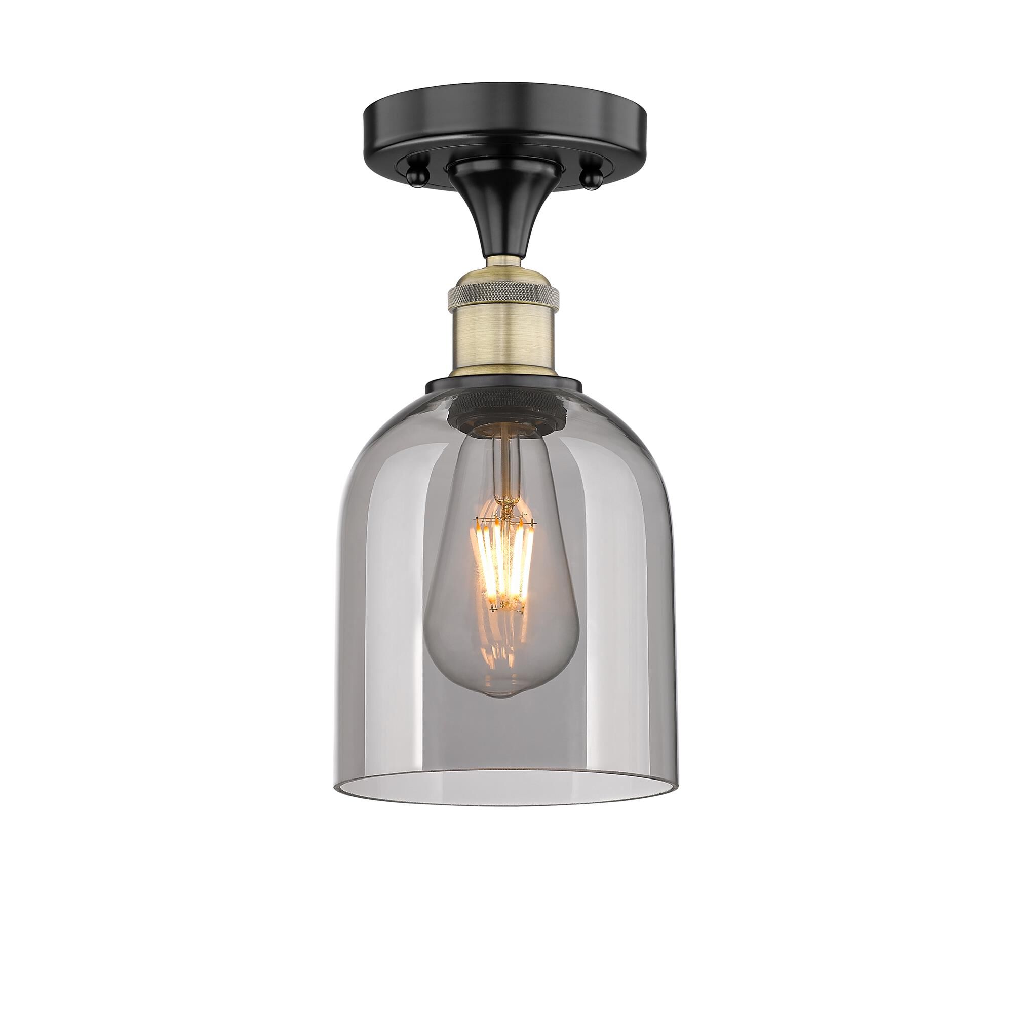 Shown in Black Antique Brass finish and Light Smoke glass