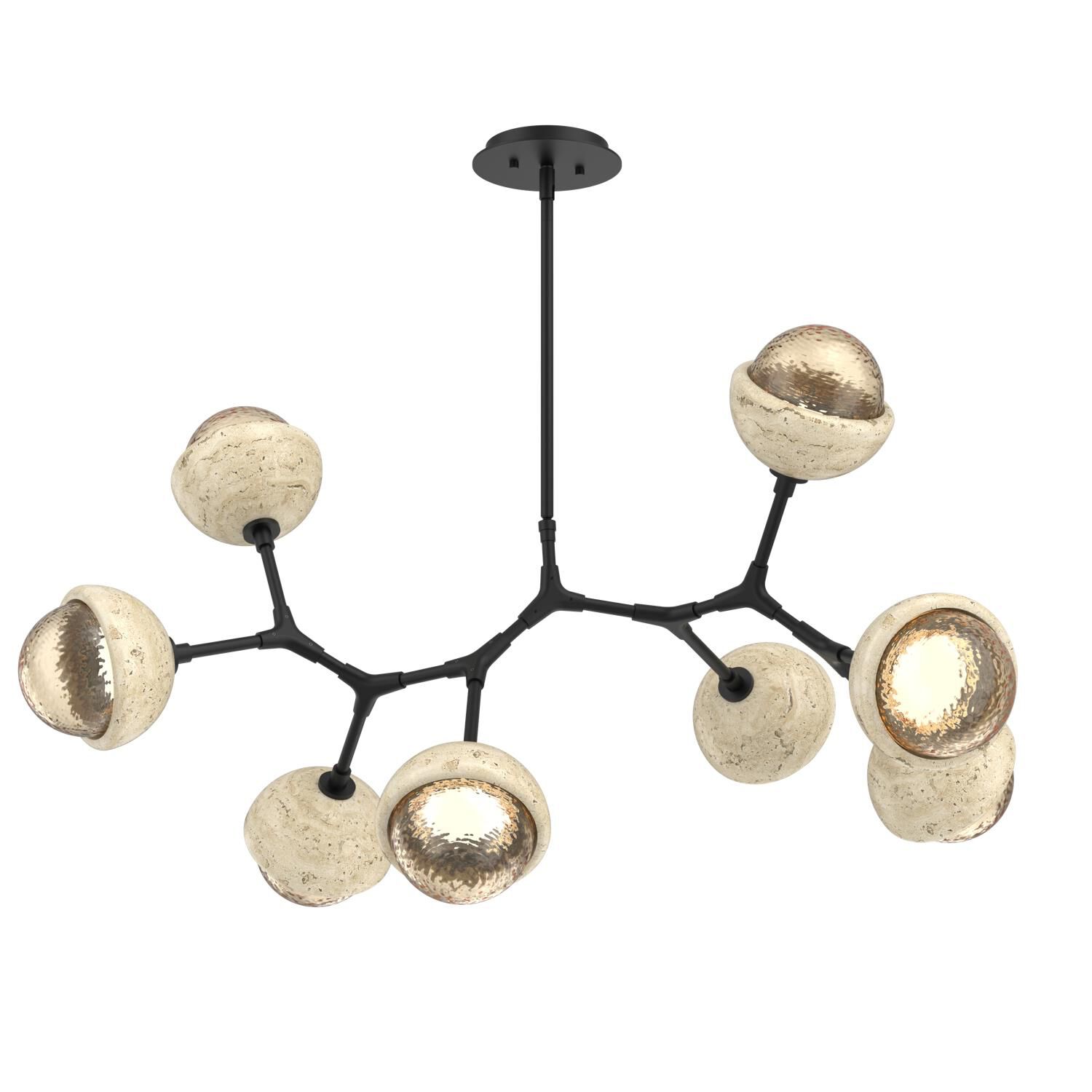 Shown in Matte Black finish and Amber glass and Travertine Stone accent