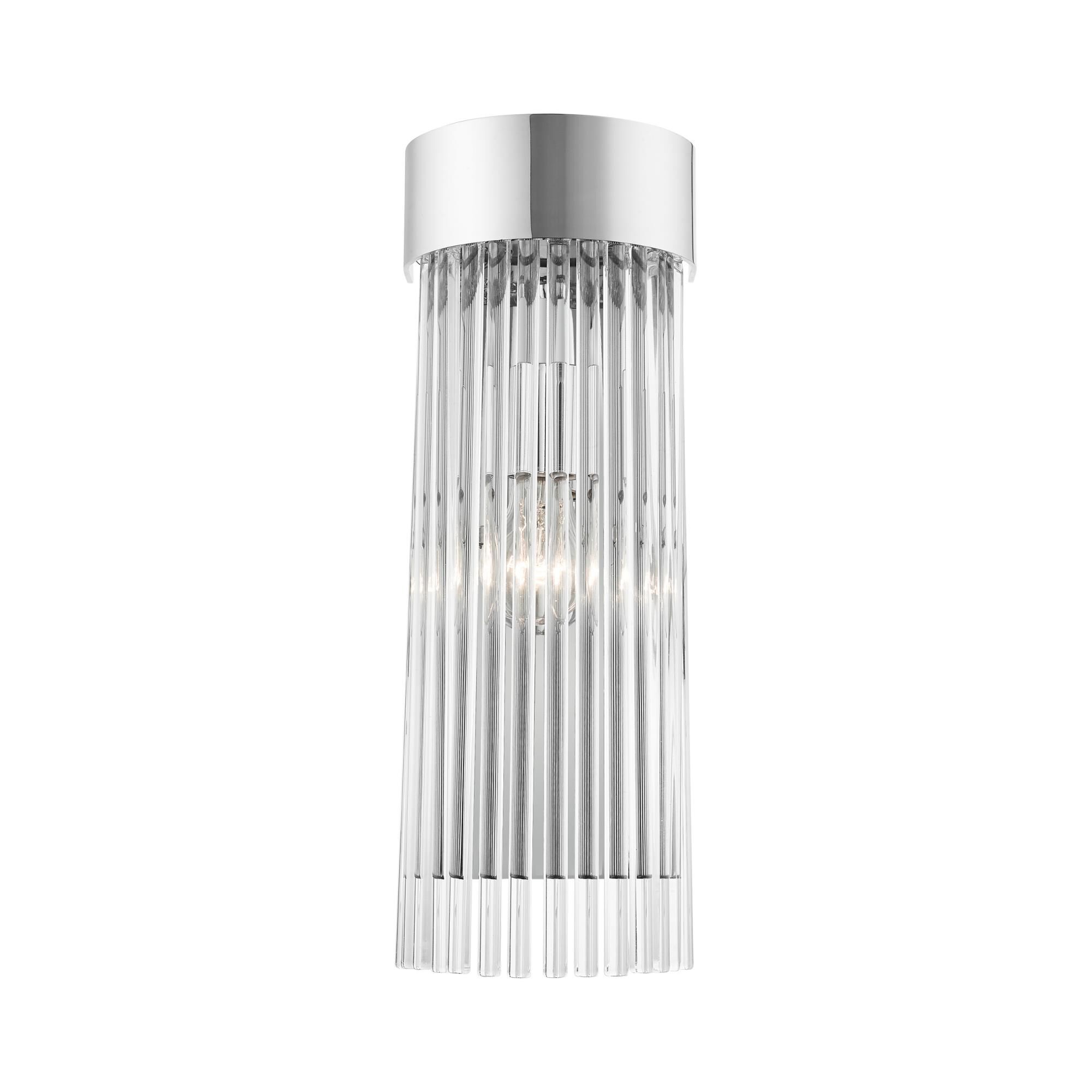 Shown in Polished Chrome finish and Polished Chrome Drum Shade With Clear Crystal Rods glass and Polished Chrome Drum  With Clear Crystal Rods shade