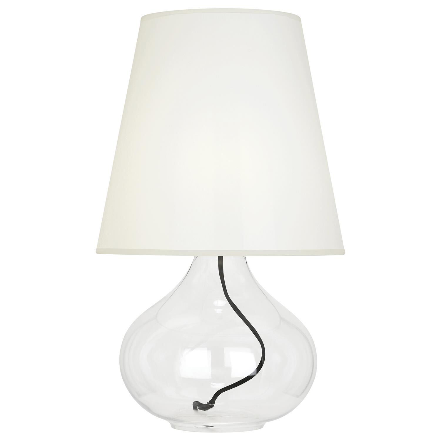 Shown in Clear Glass Body With Black Fabric Wrapped Cord finish and White Organza Fabric shade