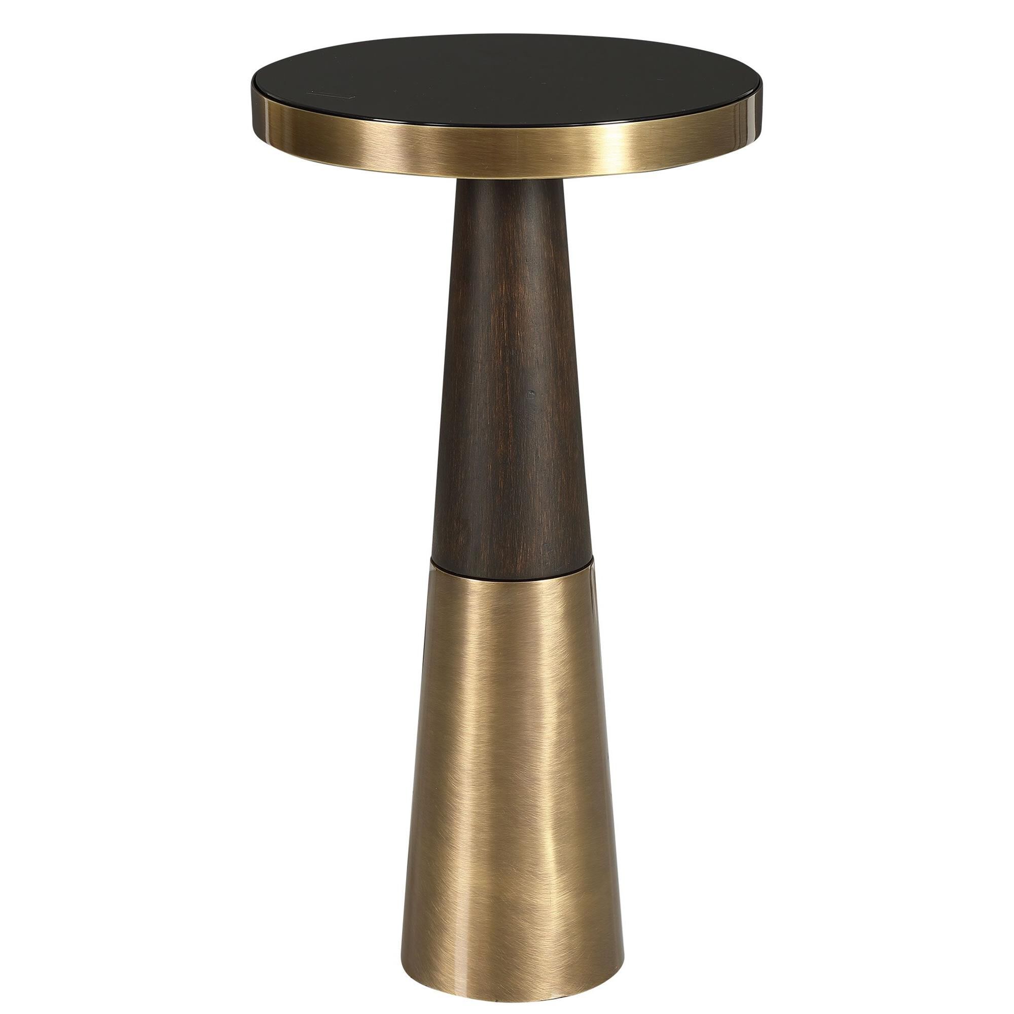 Shown in Sleek And Contemporary, This Accent Table Features A Black Glass Top With A Tapered Wooden Base In A finish