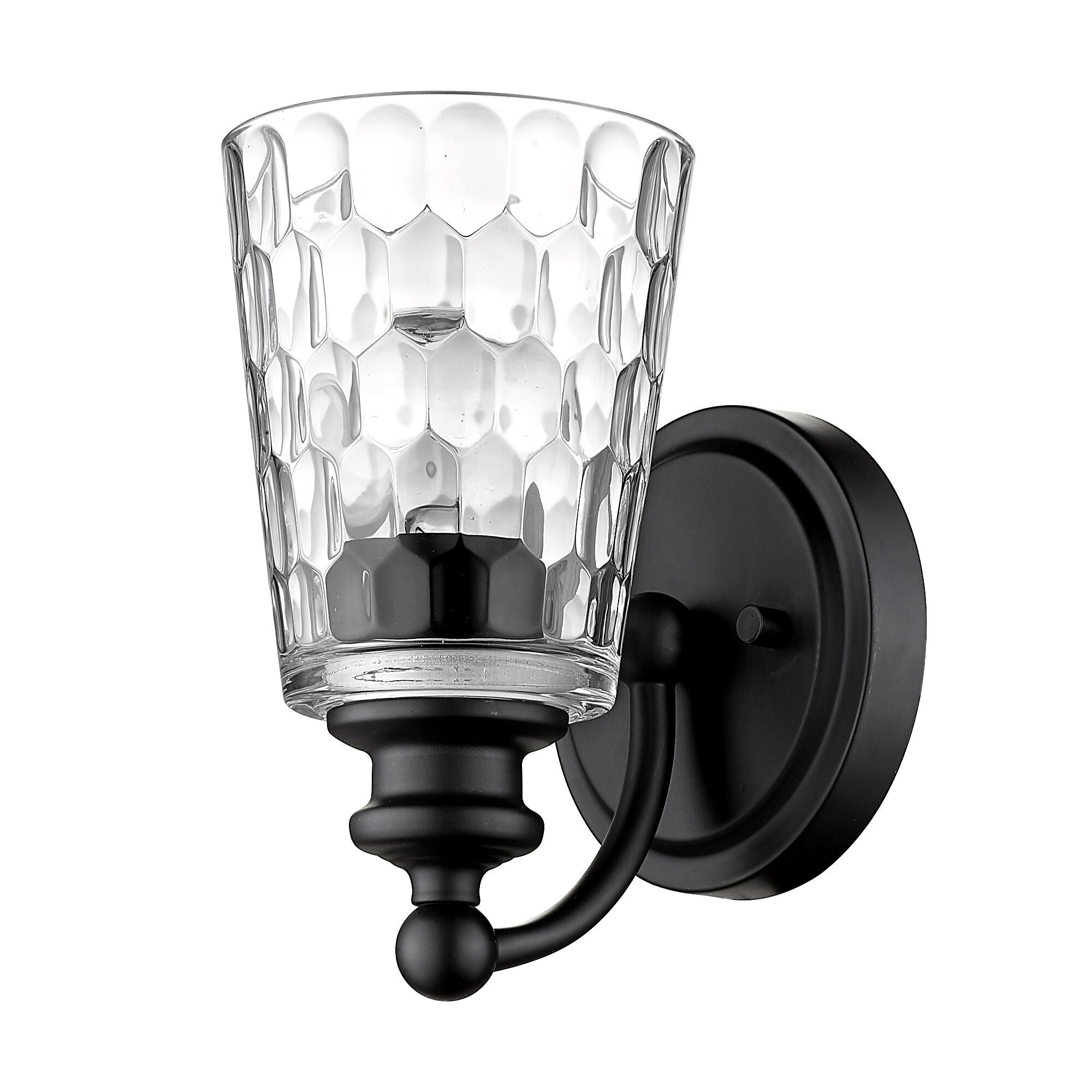 Shown in Matte Black finish and Clear glass and Clear, Optic Cone Shaped Glass shade