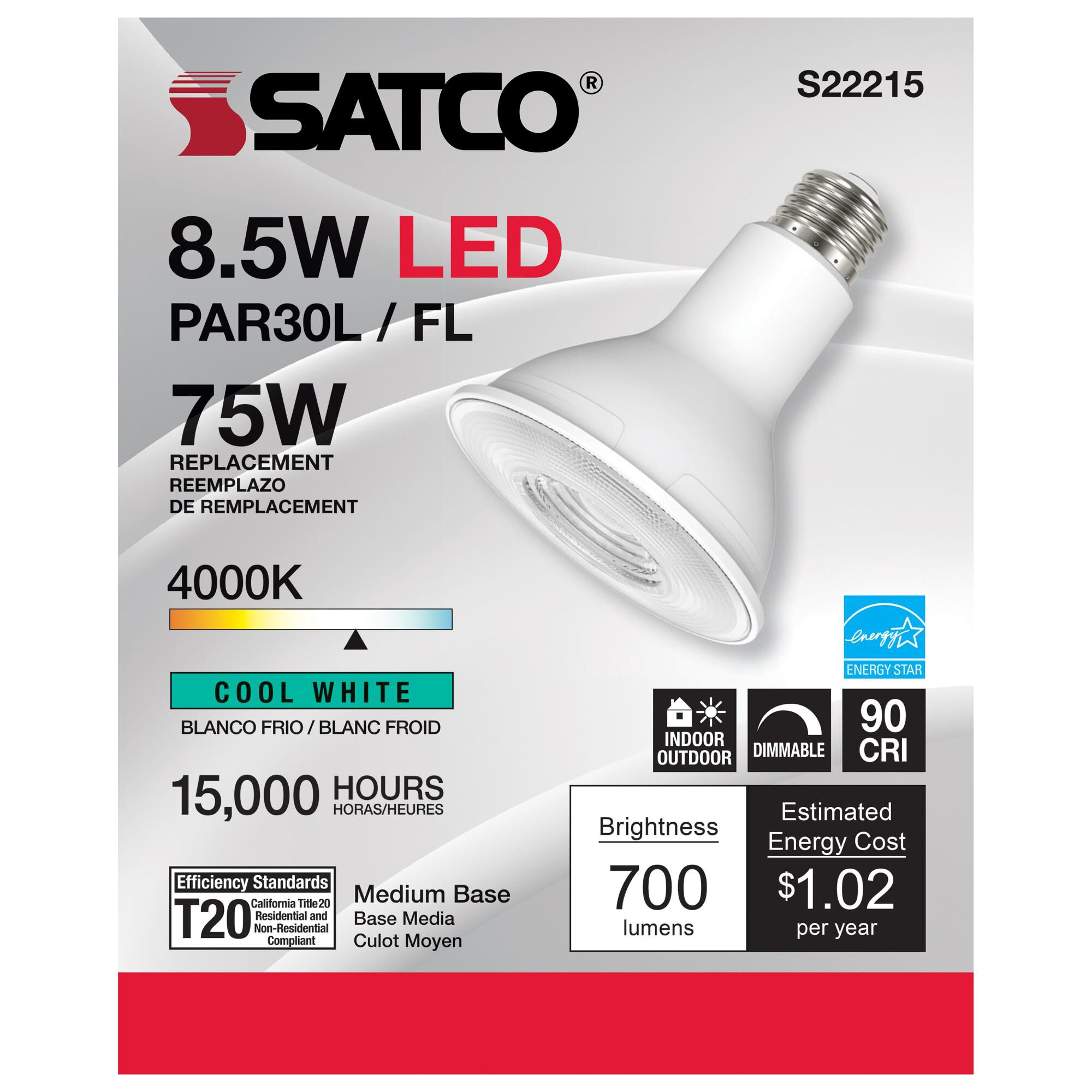 Dimmable 8.5 Watt 4000K PAR30LN LED Light Bulb by Satco