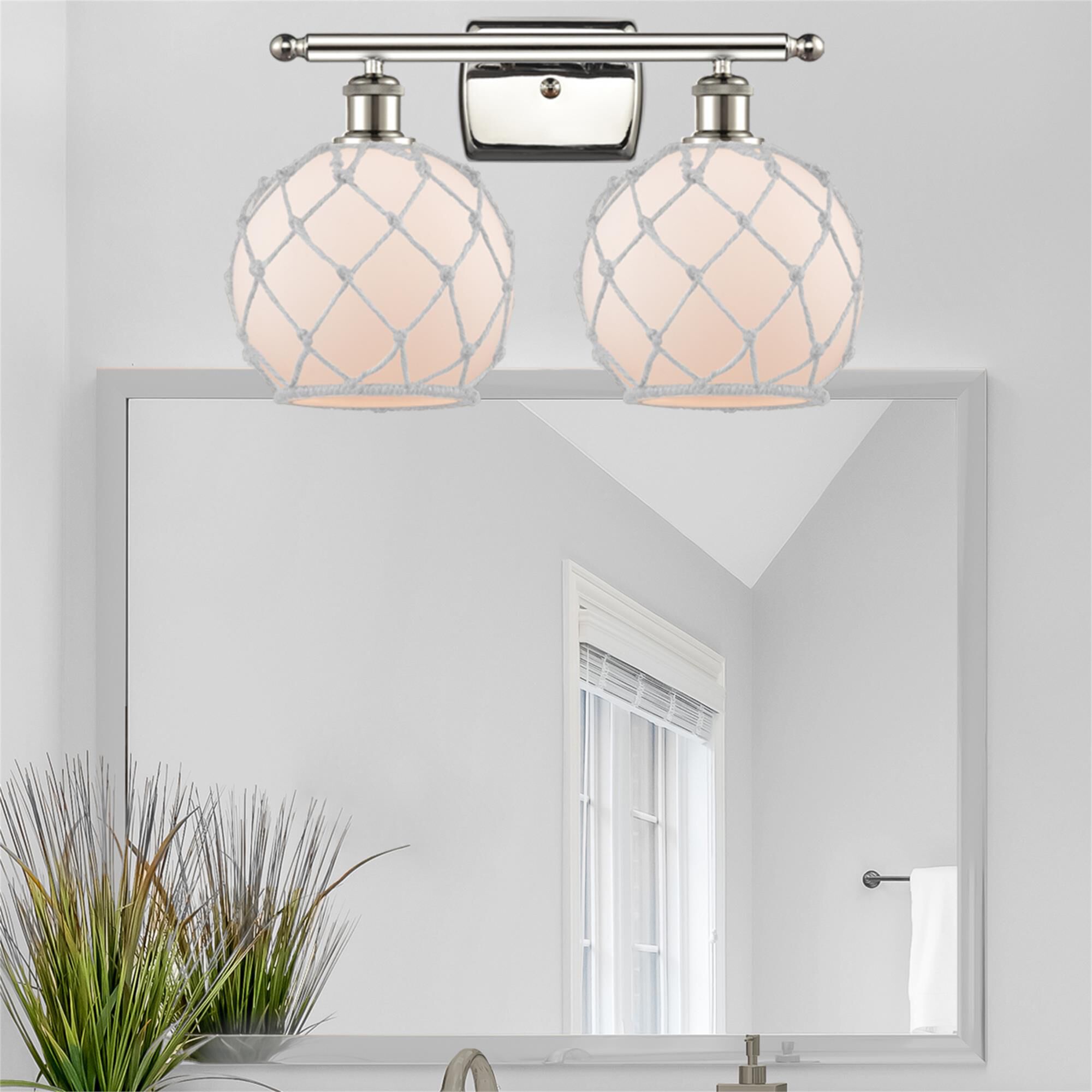 Shown in Polished Nickel finish and White glass and White Rope accent