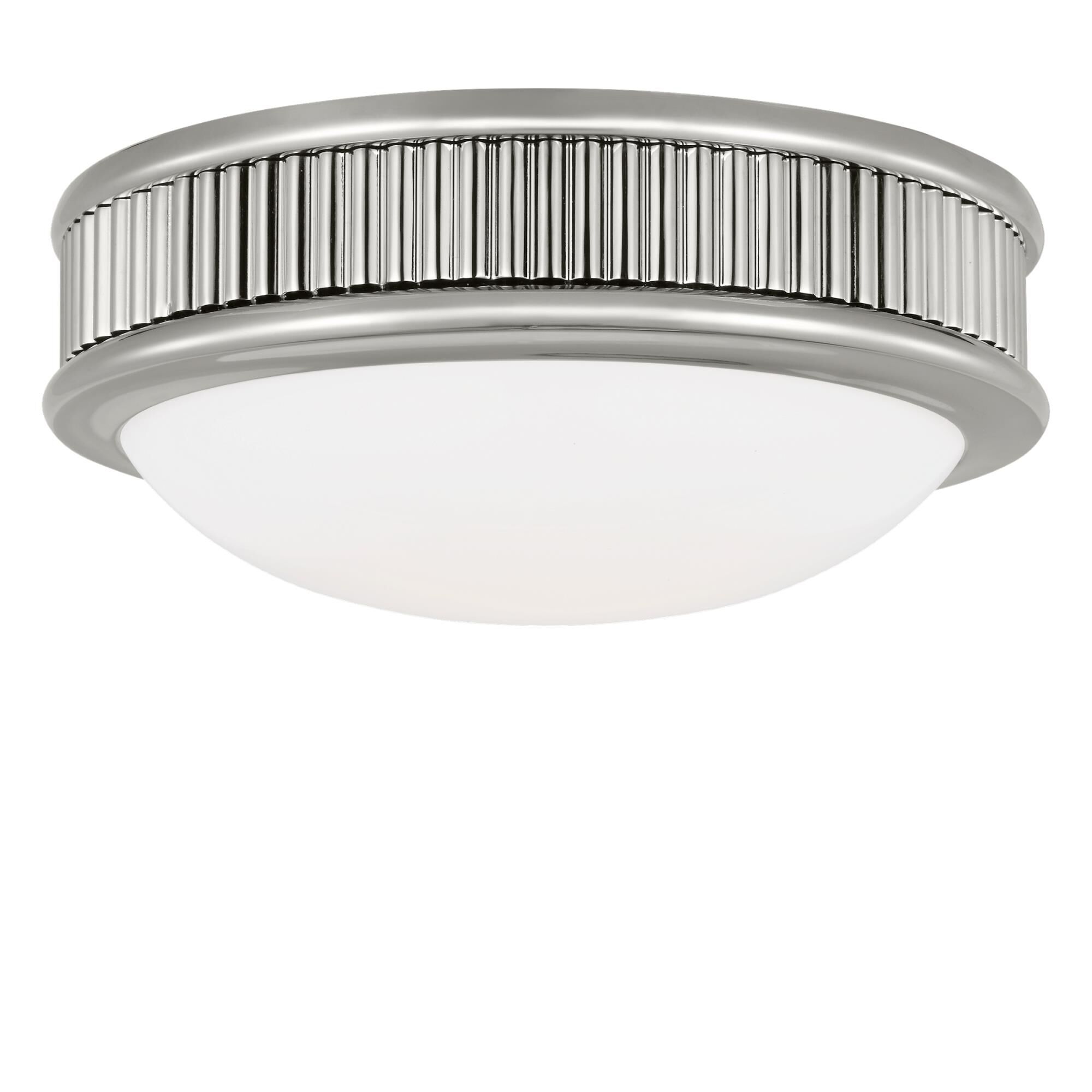 Shown in Polished Nickel finish and Milk glass