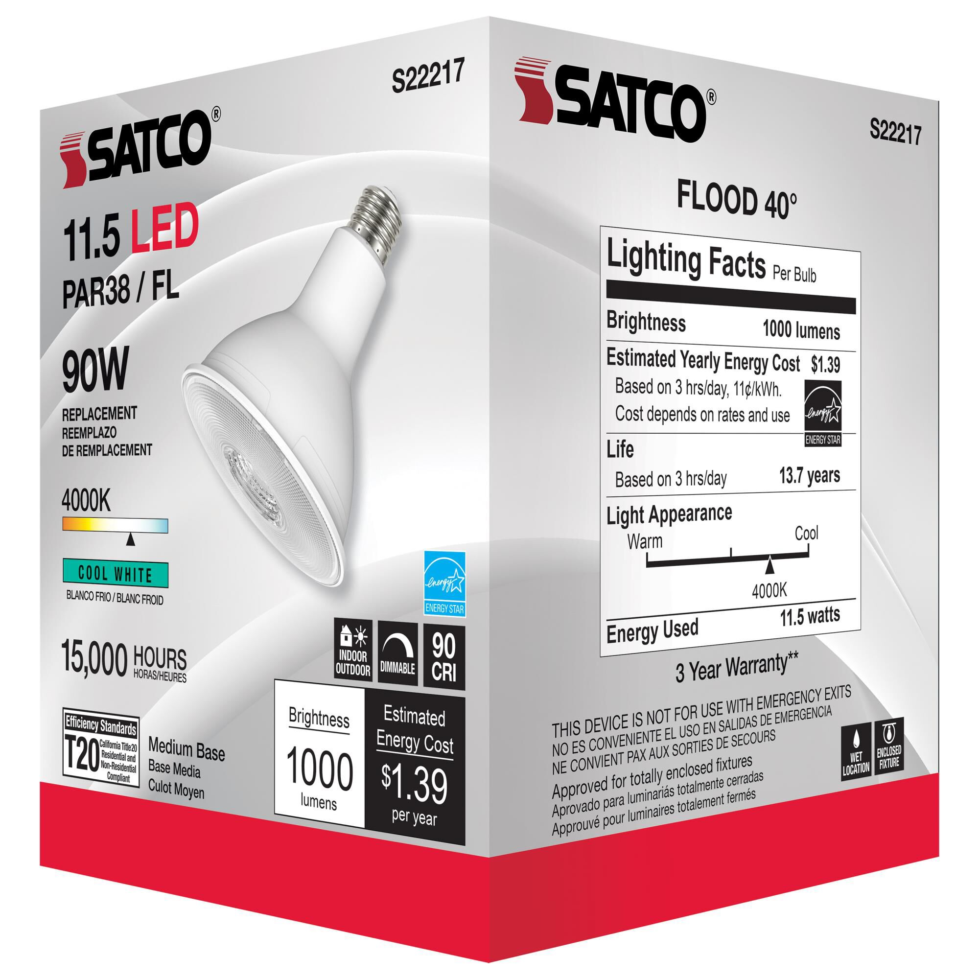 Dimmable 11.5 Watt 4000K PAR38 LED Light Bulb by Satco