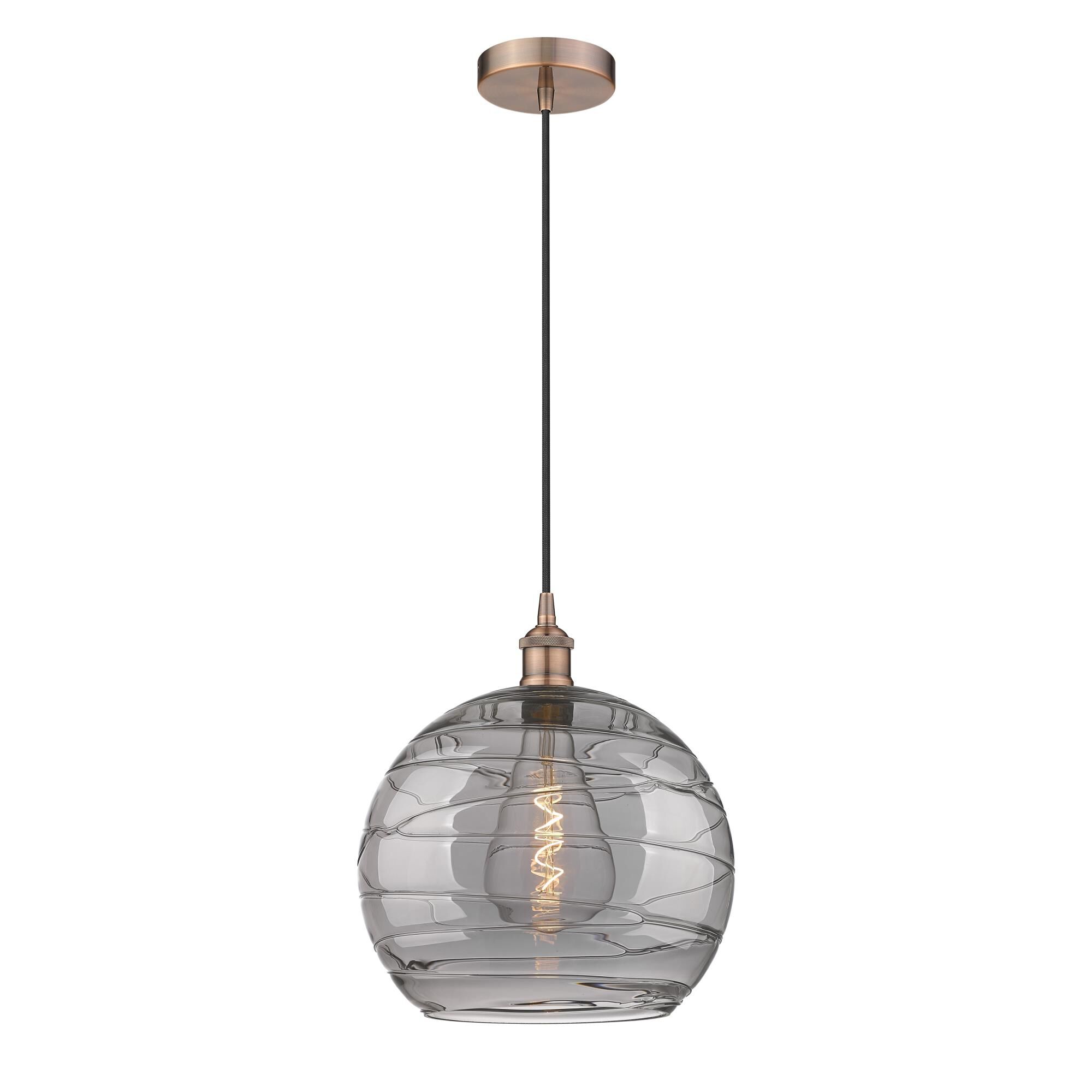 Shown in Antique Copper finish and Light Smoke Deco Swirl glass