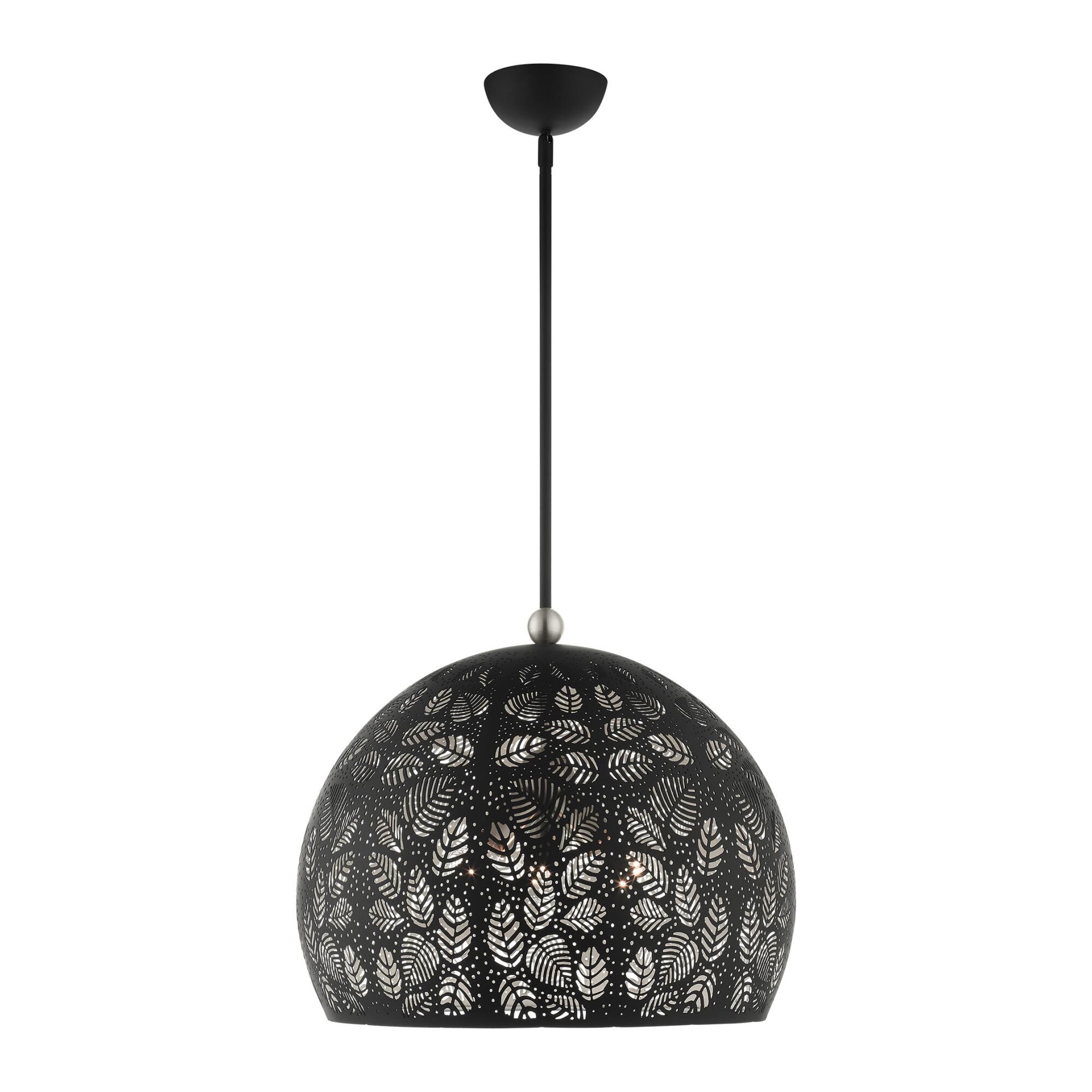 Shown in Black With Brushed Nickel Accents finish and Ornamental Metal Shade/ Black/ White Finish Inside glass and Ornamental Metal / Black/ White Finish Inside shade