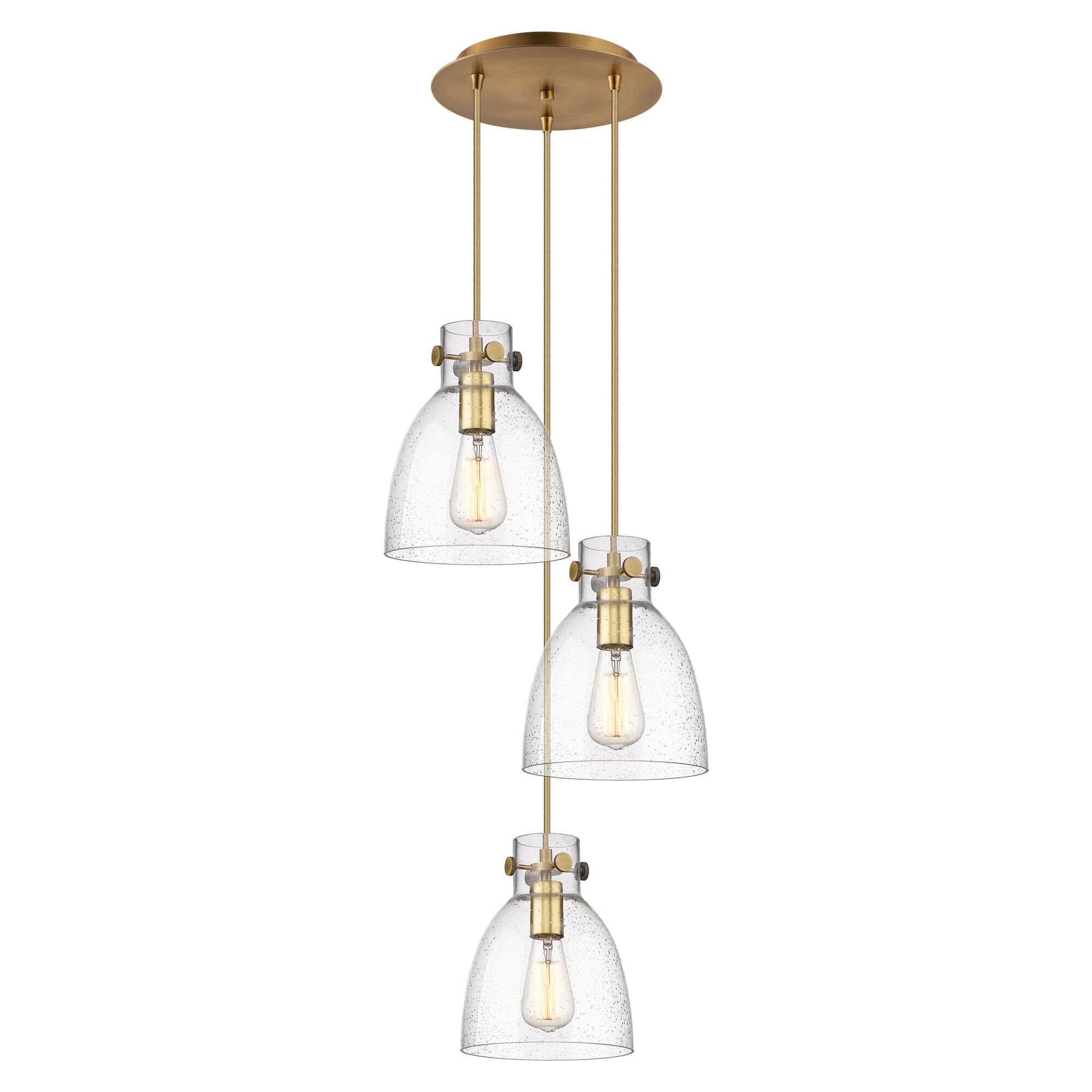 Shown in Brushed Brass finish and Seedy glass and Seedy Glass shade