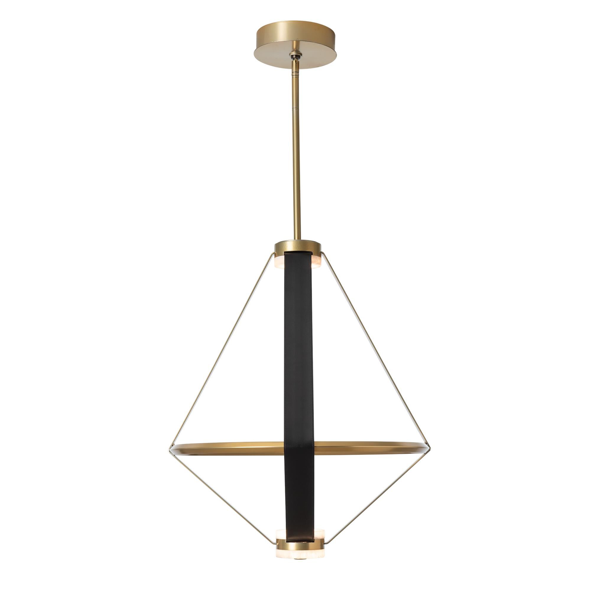 Shown in Modern Brass finish and Black Leather accent