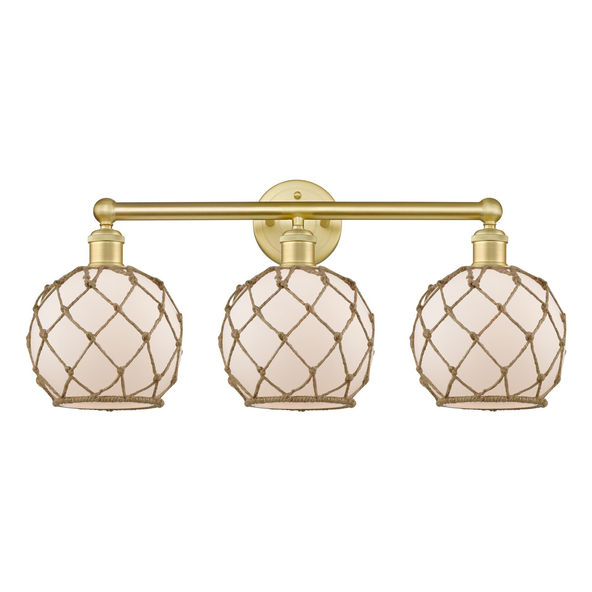 Shown in Satin Gold finish and White with Brown Rope glass