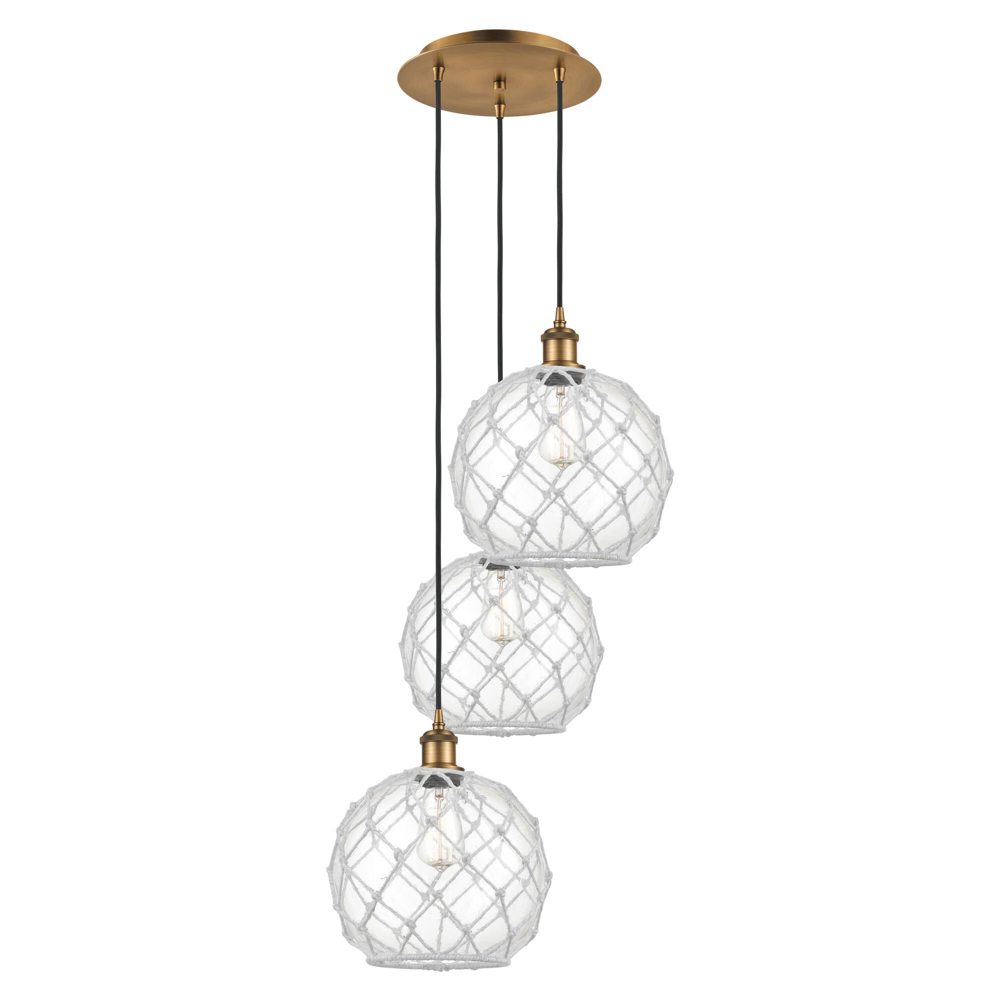 Shown in Brushed Brass finish and Clear with White Rope glass