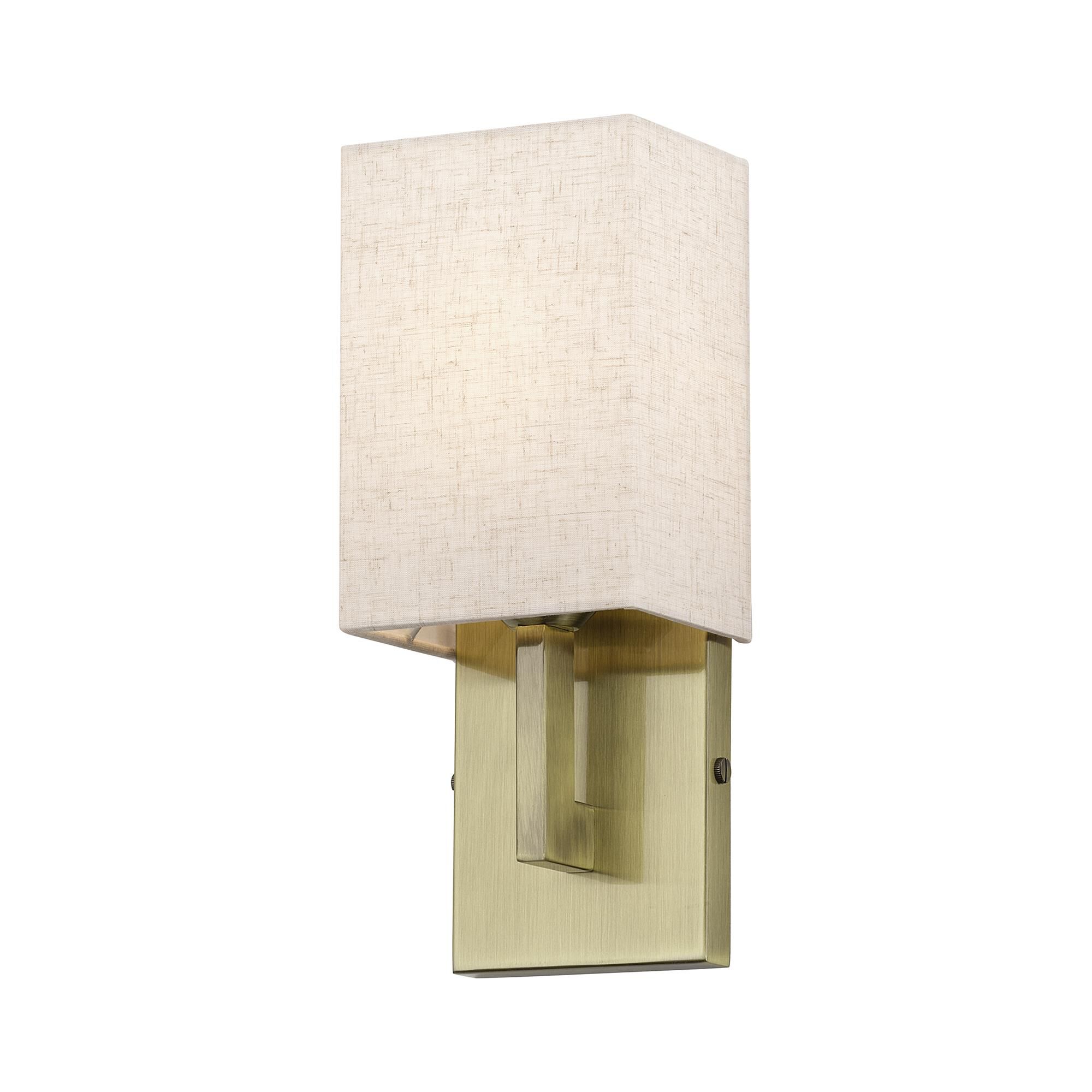Shown in Antique Brass finish and Hand Crafted Oatmeal Color Fabric with White Color Inside shade