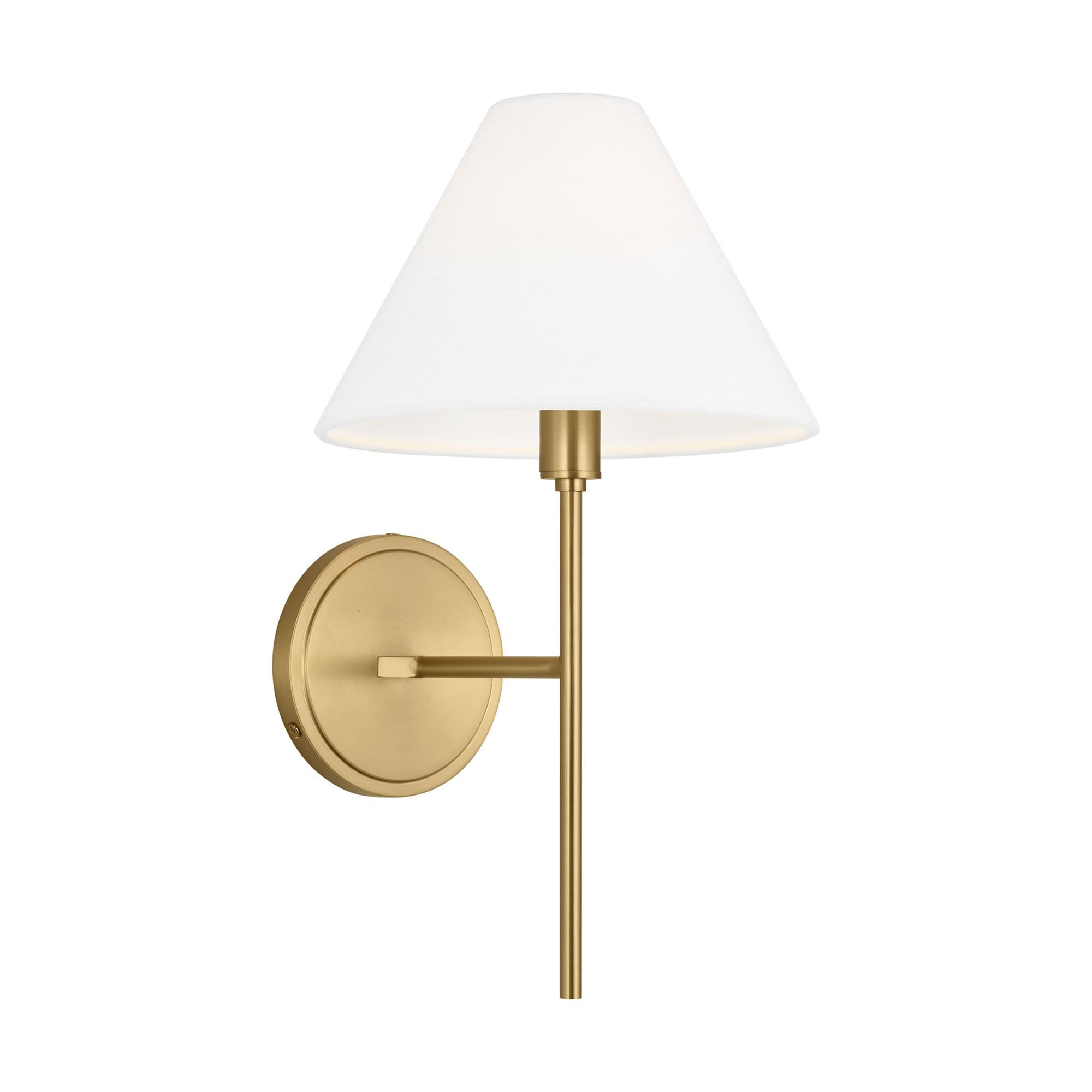 Shown in Burnished Brass finish and White Linen shade