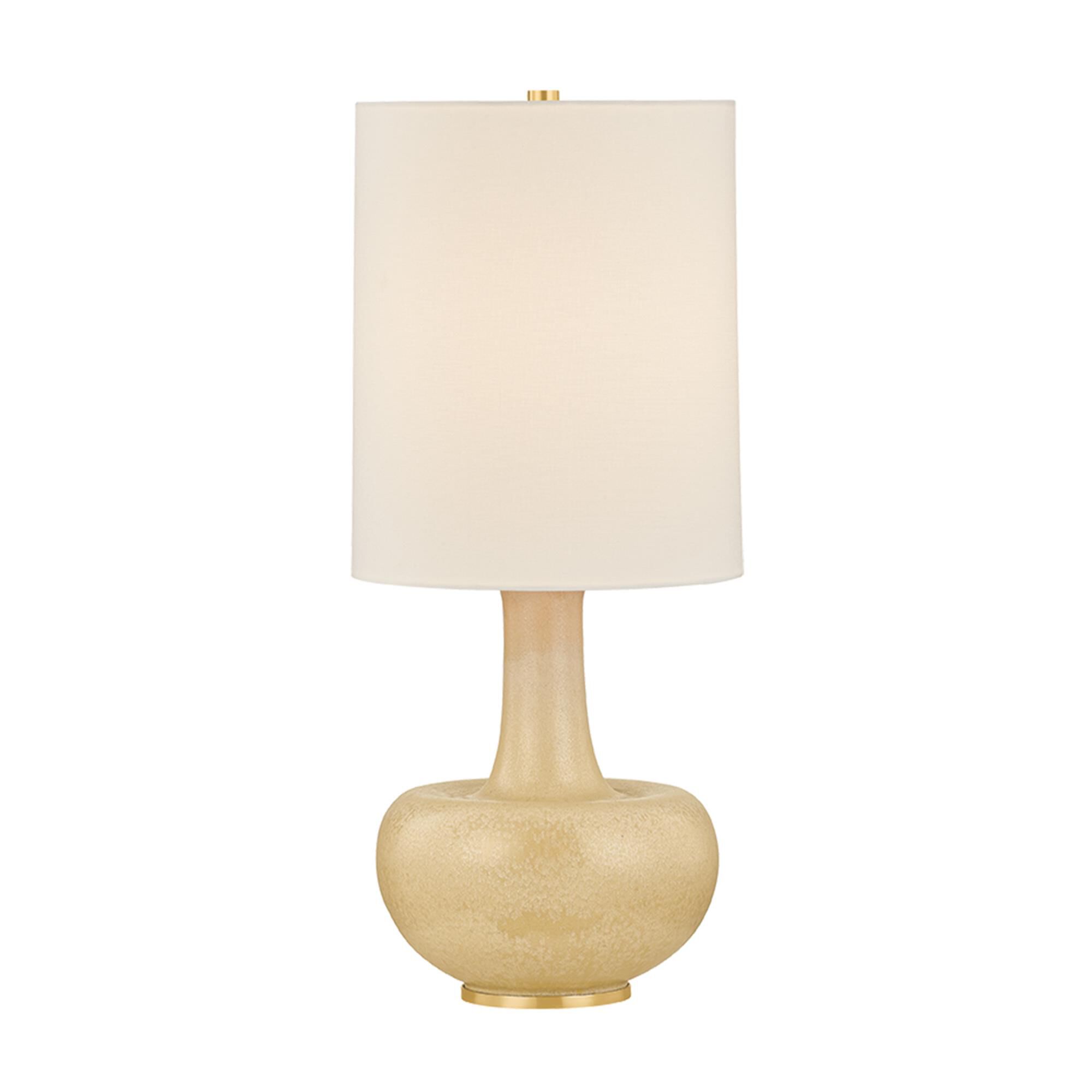 Shown in Aged Brass and Ceramic Biscotti Reactive finish and Textured Linen shade
