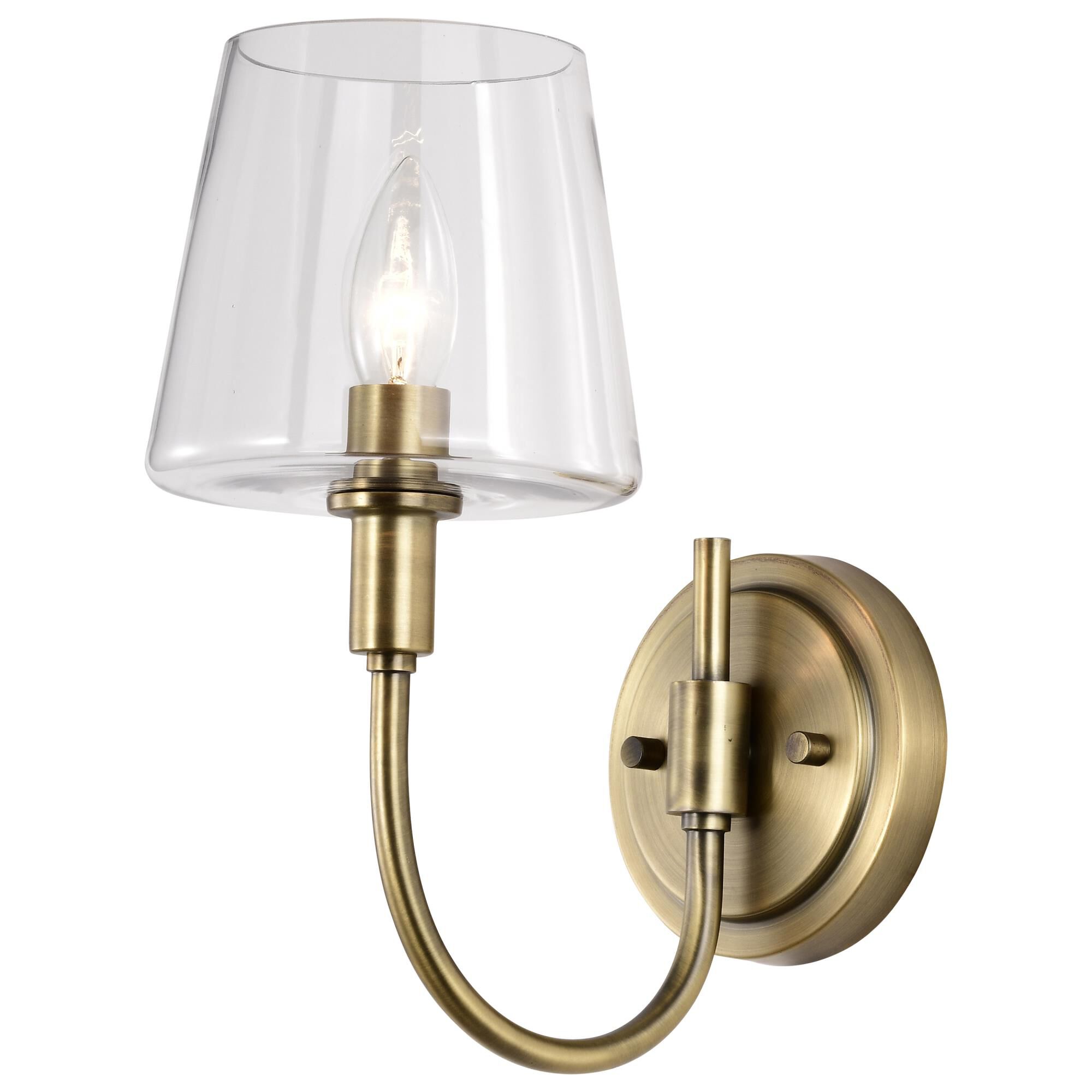 Shown in Vintage Brass finish and Clear glass and Glass shade