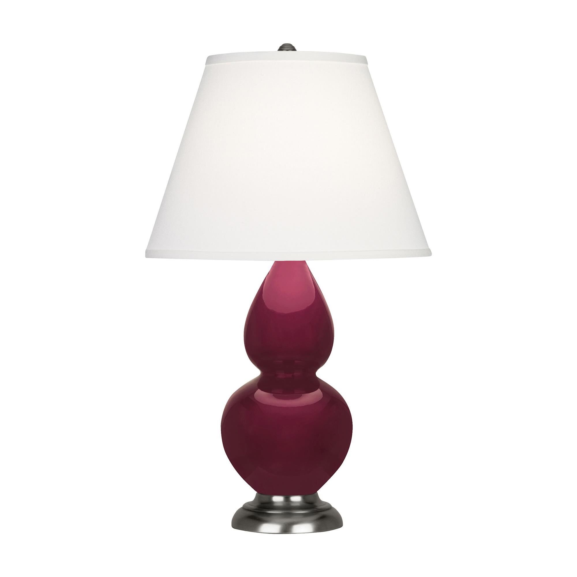 Shown in Sugar Plum finish and Pearl Dupioni shade and Antique Silver accent