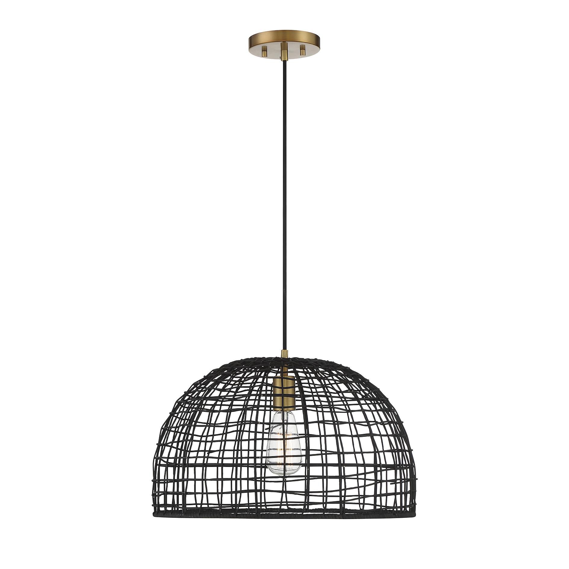 Shown in Black With Natural Brass Accents finish and Black Rattan shade
