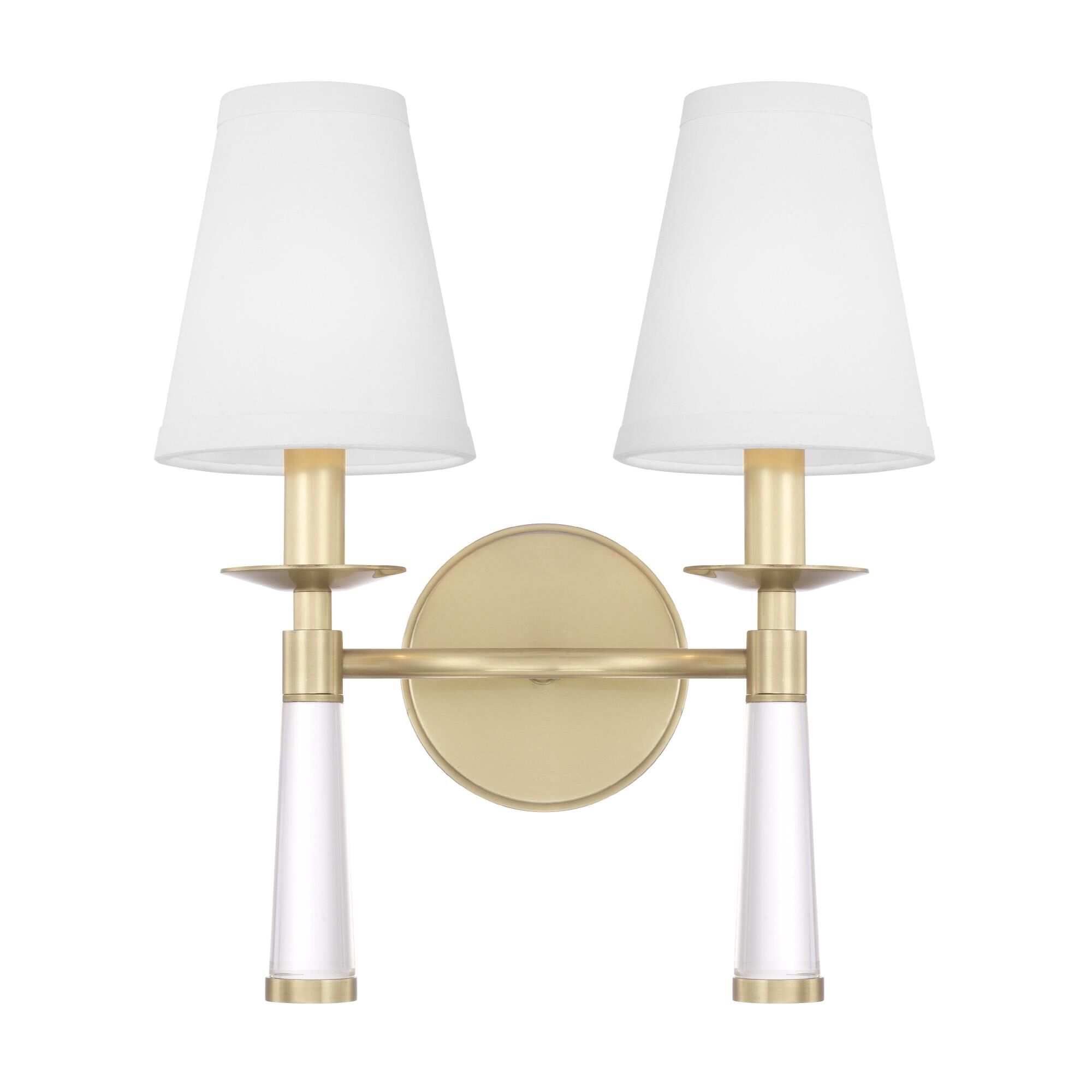 Shown in Aged Brass finish and Glass Finials crystal and White Silk shade