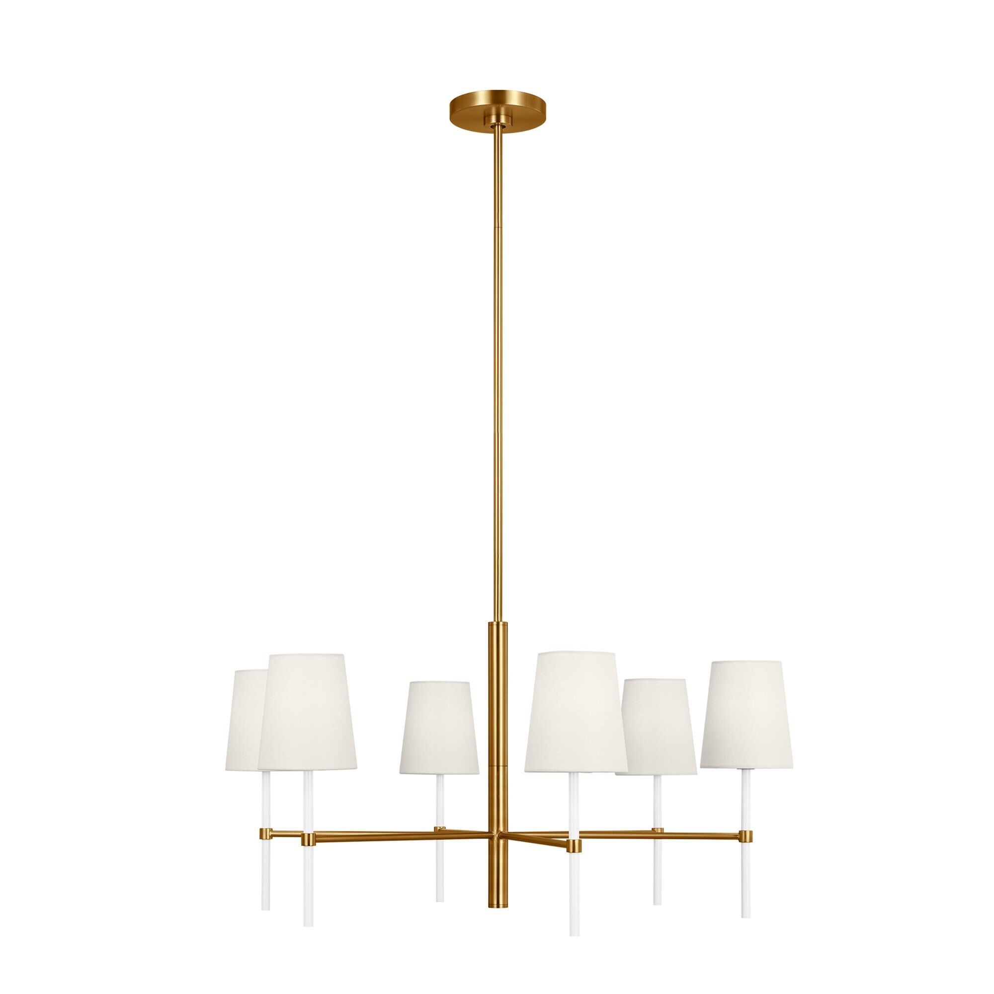 Shown in Burnished Brass finish and White Linen Fabric shade