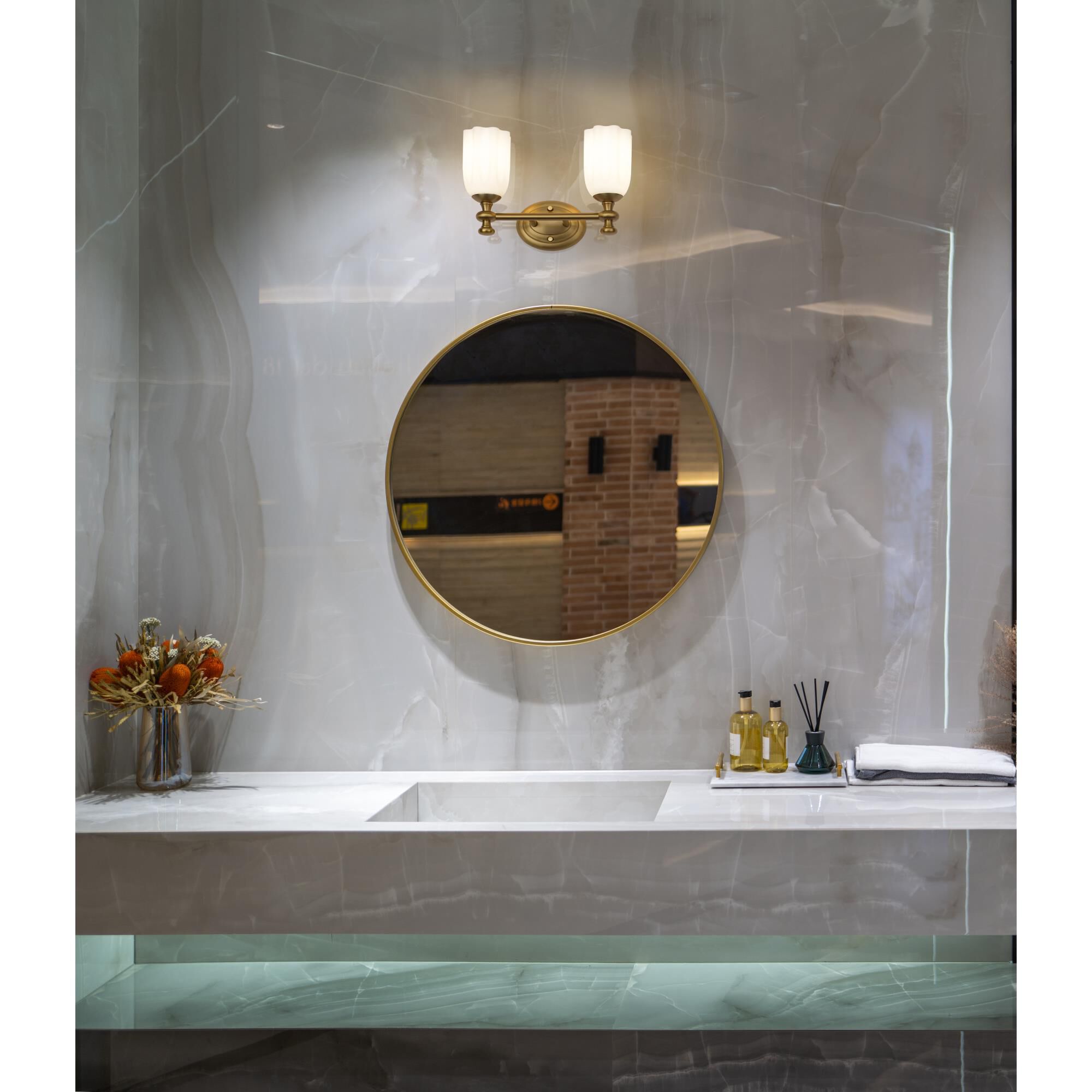 Shown in Modern Gold finish and Opal Etched glass and Opal Etched shade