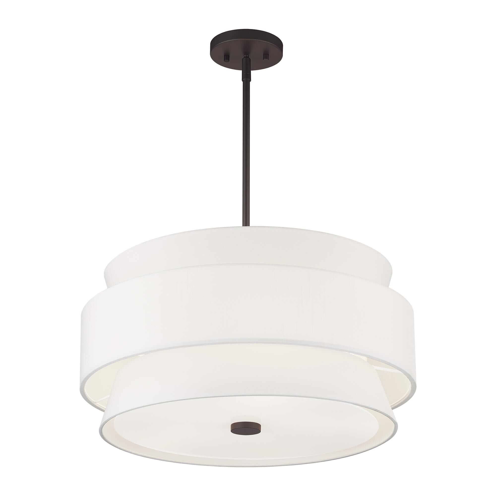 Shown in Bronze finish and Hand Crafted Off-White Fabric Hardbacks with White Fabric Inside shade