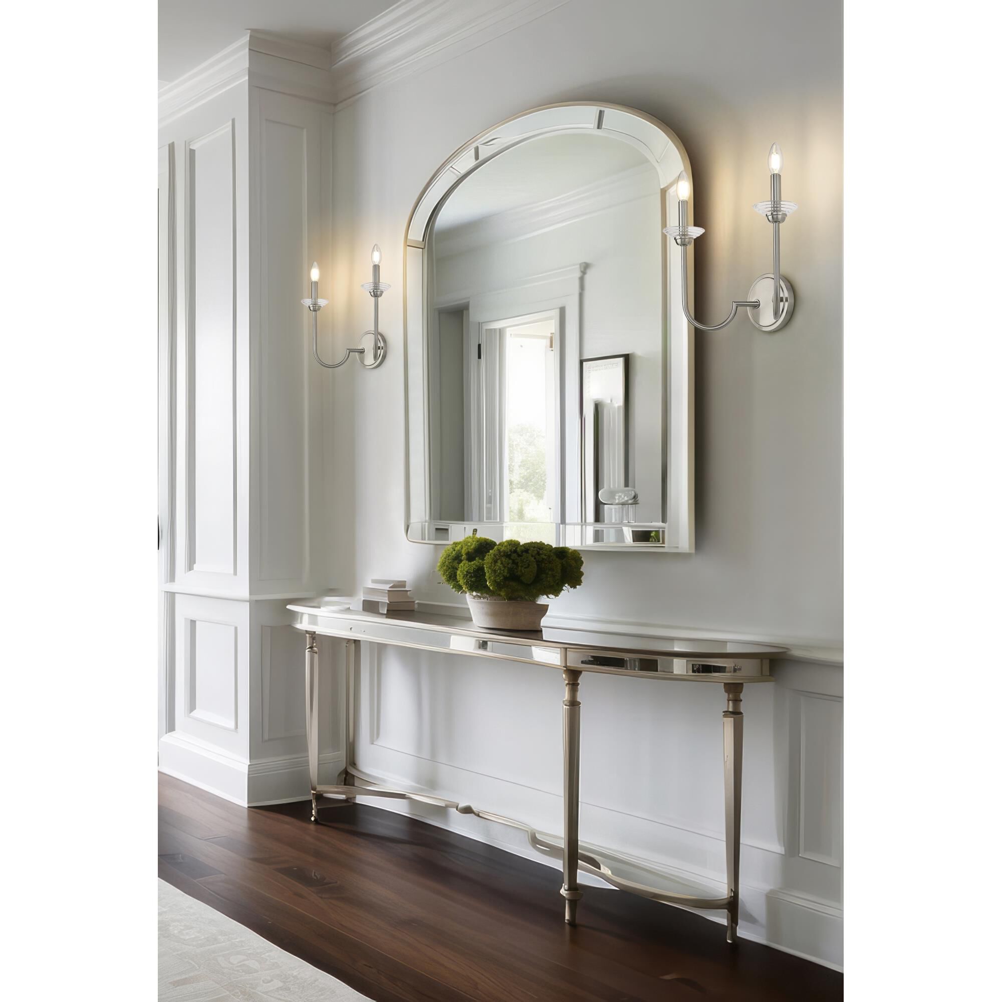 Shown in Brushed Nickel finish and Clear Ribbed glass and Clear Ribbed shade