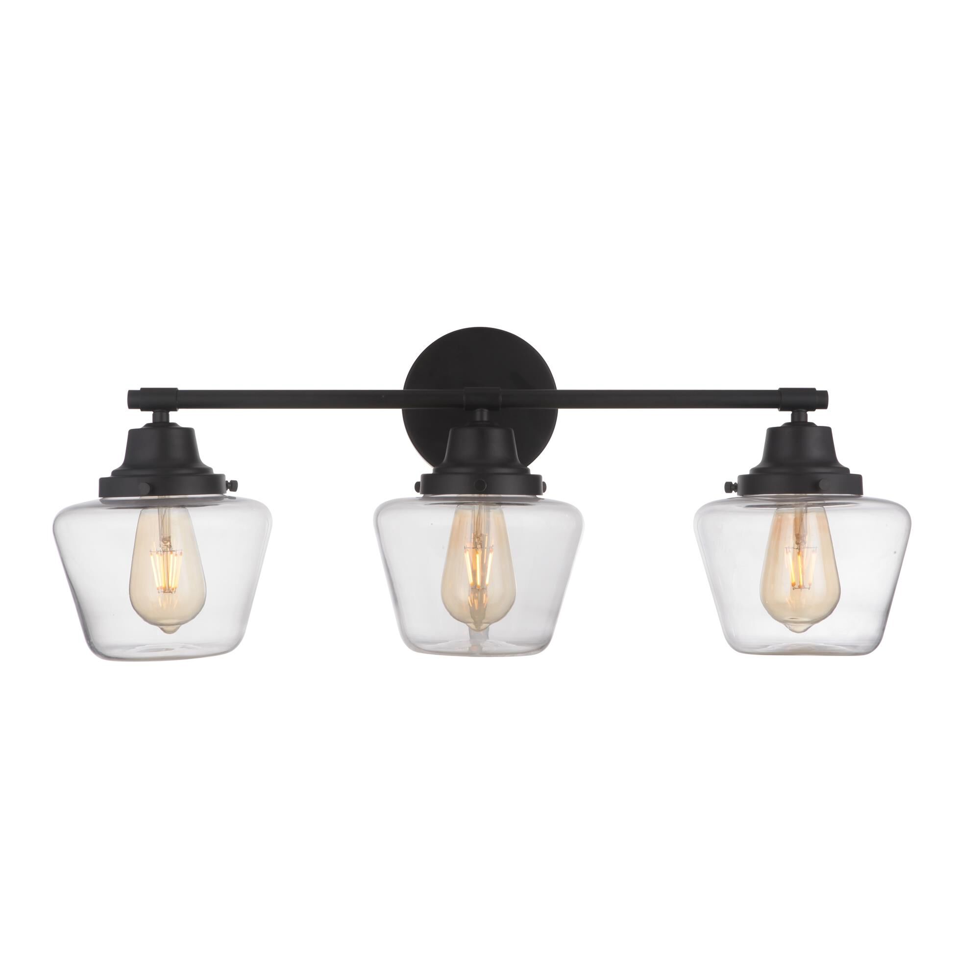 Shown in Flat Black finish and Clear glass and Glass shade