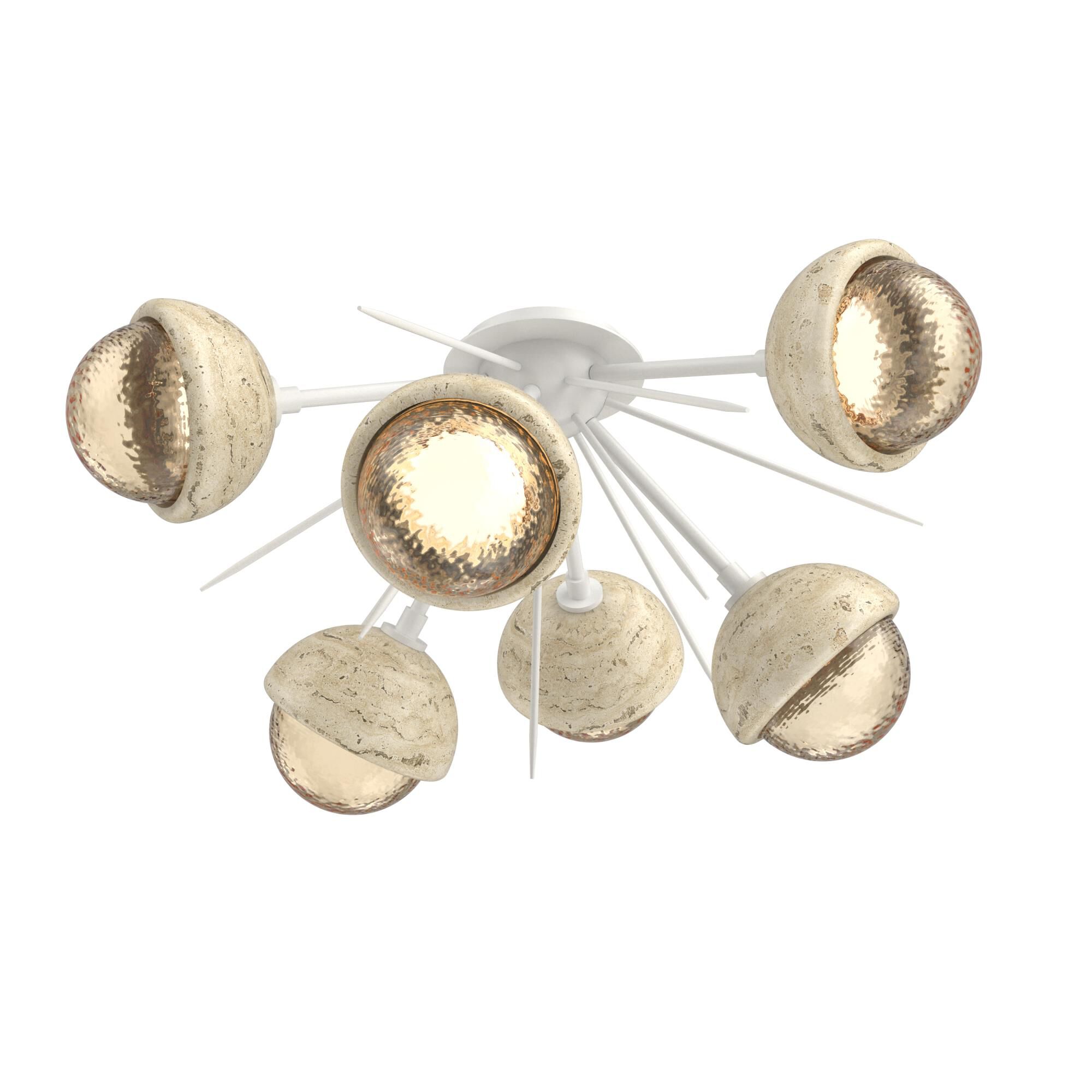 Shown in Salt White finish and Amber glass and Travertine Stone accent
