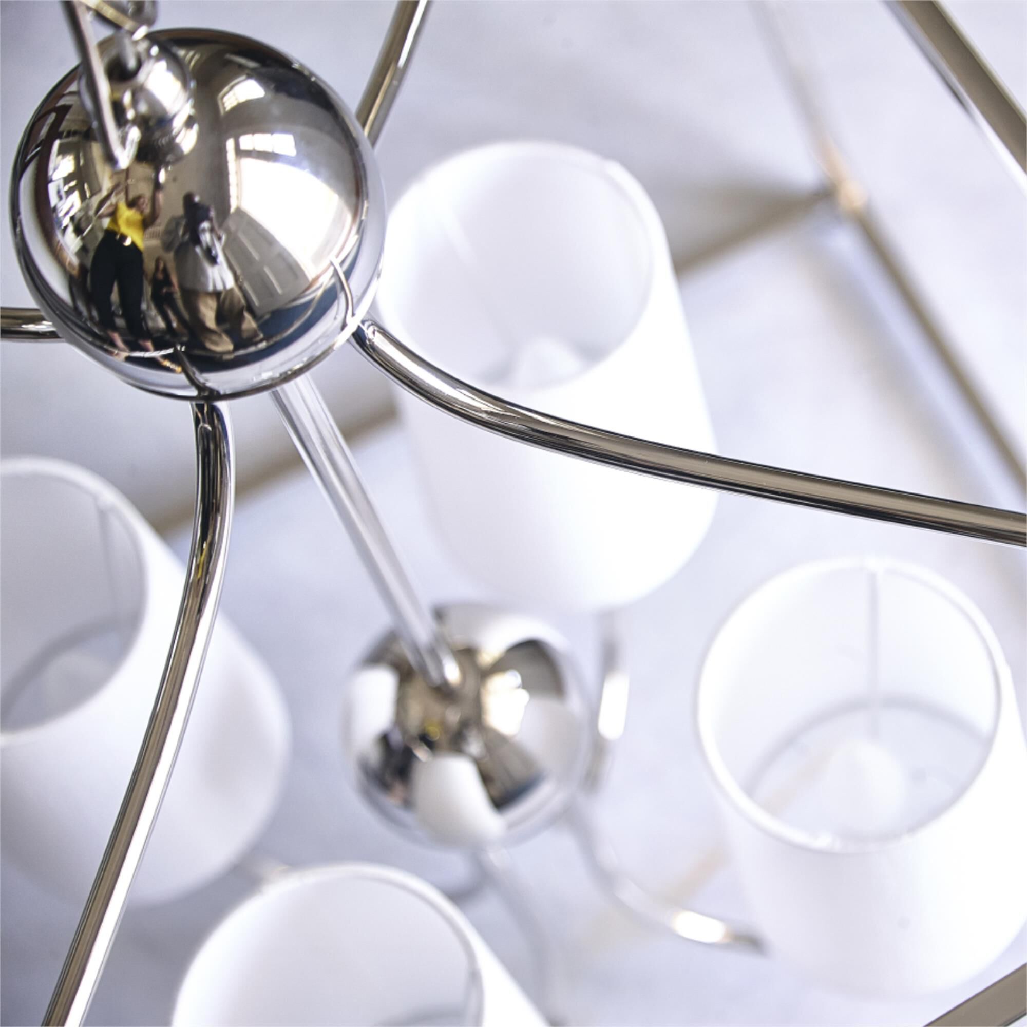 Shown in Polished Nickel finish and Silk glass and White shade