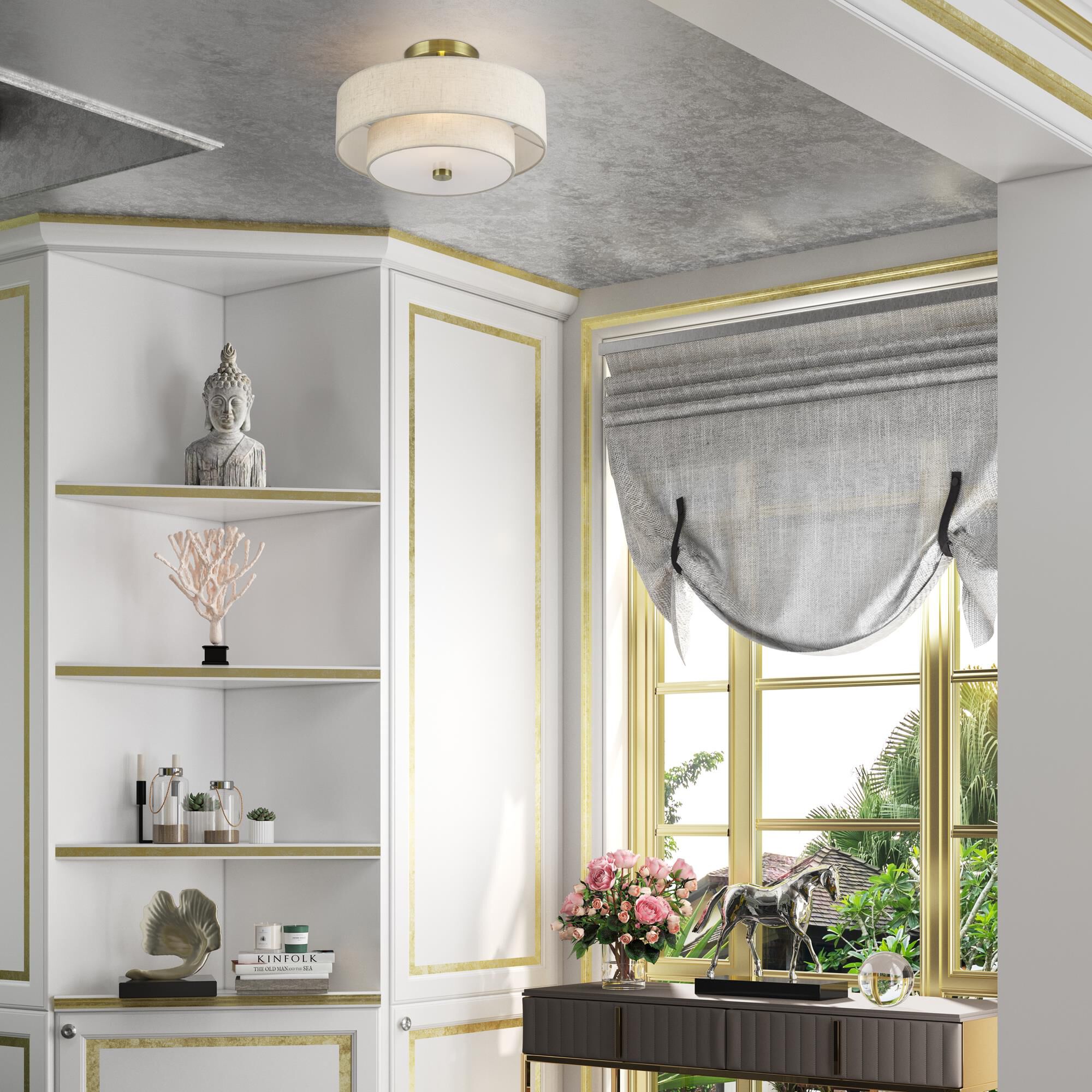 Shown in Antique Brass finish and Hand Crafted Oatmeal Color Fabric with White Color Inside shade