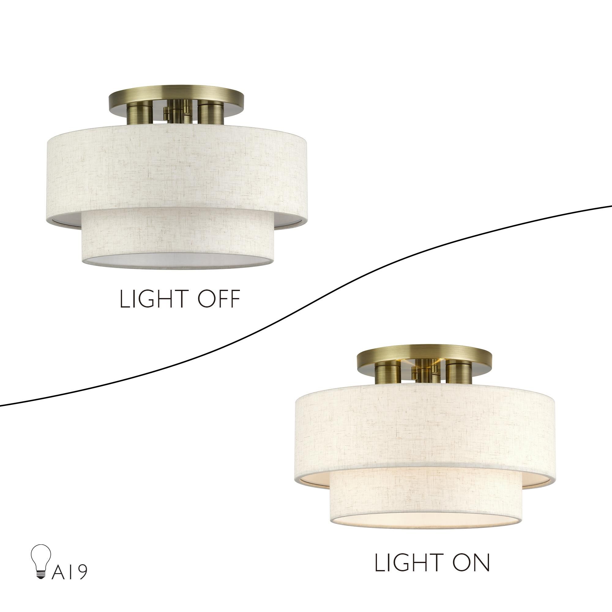 Shown in Antique Brass finish and Hand Crafted Oatmeal Color Fabric with White Color Inside shade