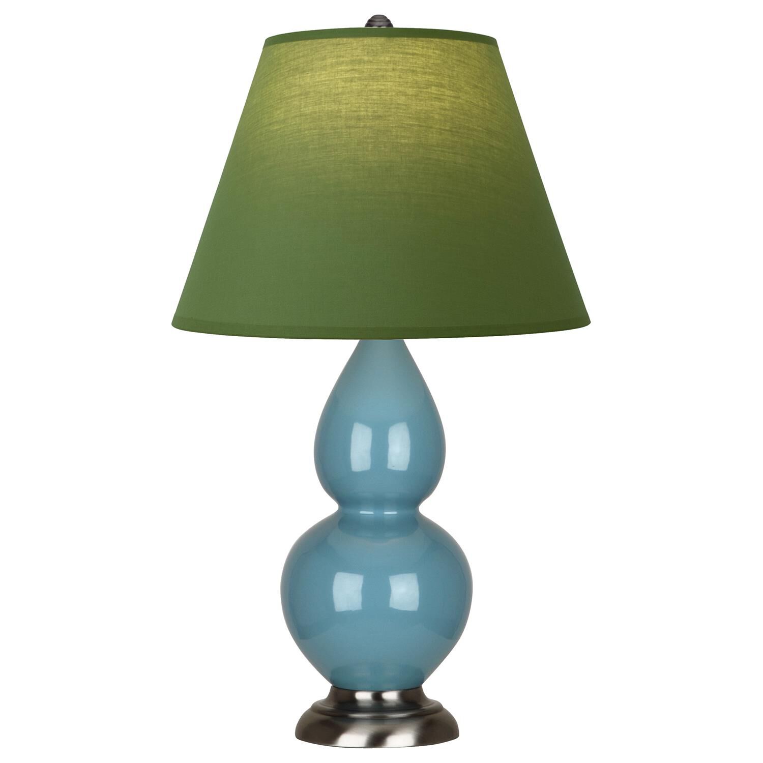 Shown in Steel Blue finish and Tea Green and Taupe shade and Antique Silver accent