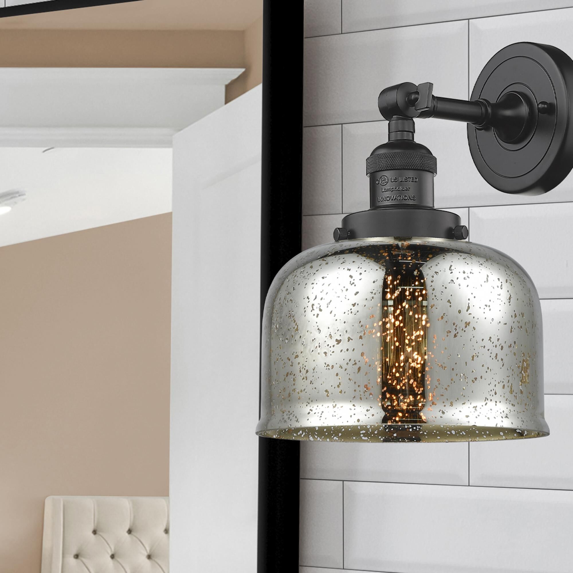 Shown in Oil Rubbed Bronze finish and Silver Plated Mercury Large Bell glass and No Accent accent