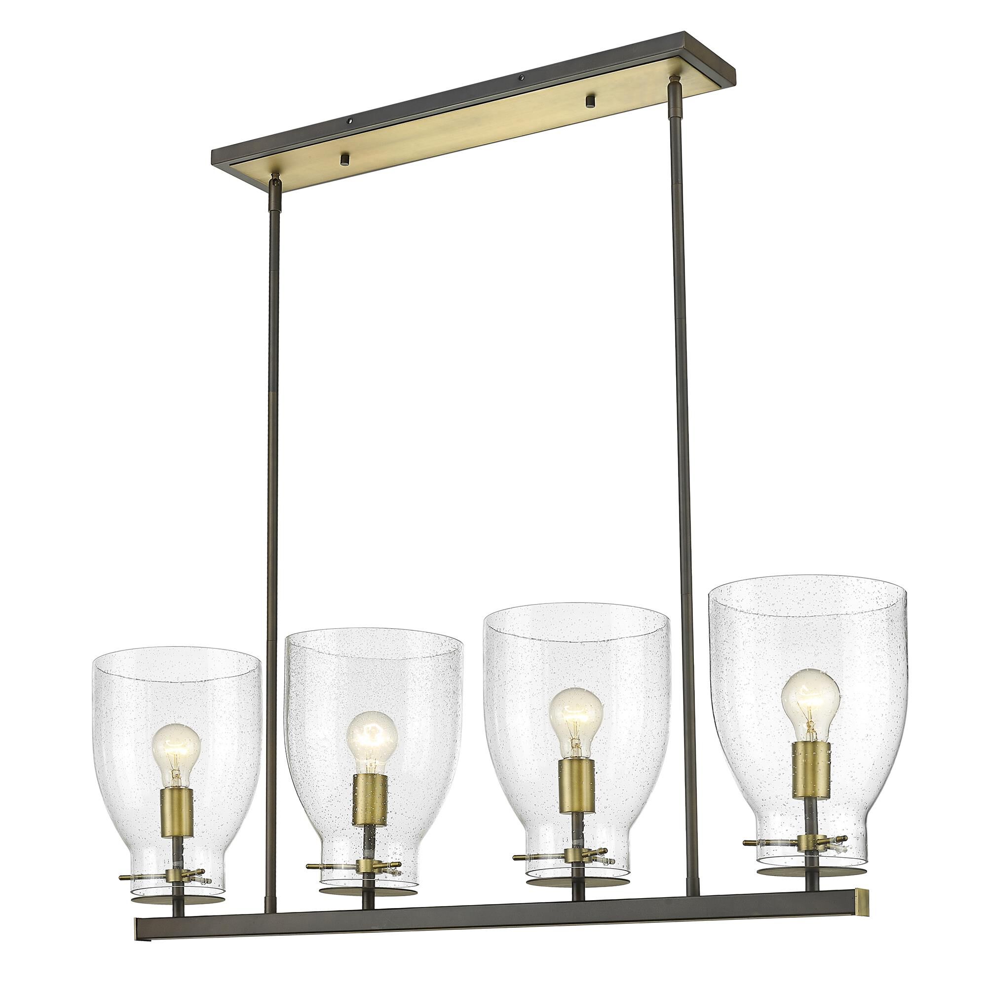 Shown in Oil Rubbed Bronze And Antique Brass finish and Clear Seedy Glass shade