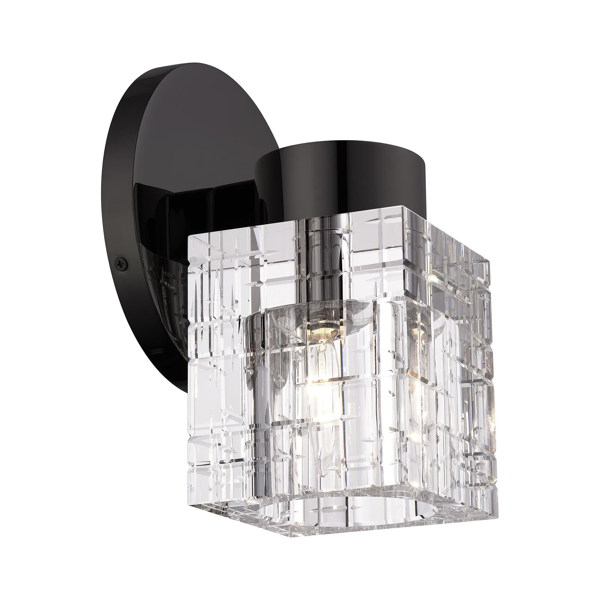 Shown in Black Chrome finish and Crystal glass